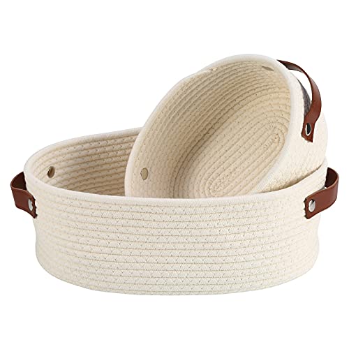 Petyoung 2-Pack Small Woven Storage Baskets with Handles - Cotton Oval Rope Baskets for Home Organization, Nursery, Pet Toys & Boho Decor | Perfect for Baby Room, Cat Beds, Dog Toys & Gift Giving