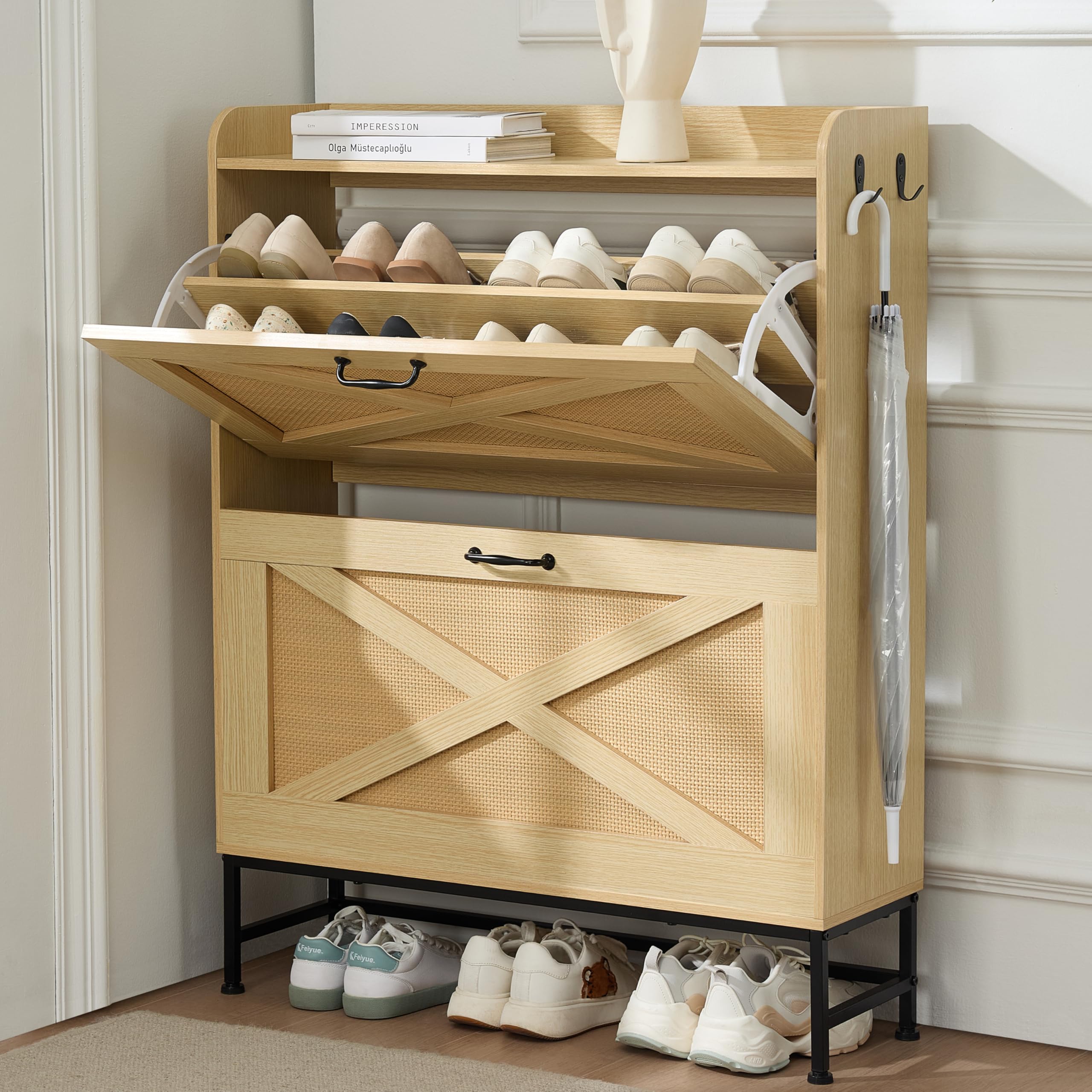 Slim Rattan Shoe Cabinet with 2 Flip Drawers - Narrow Entryway Shoe Organizer, Hidden Storage Cabinet with Metal Legs, Farmhouse Style Free Standing Shoe Rack - Perfect for Small Spaces, Apartments & Closet Organization (Natural Color)
