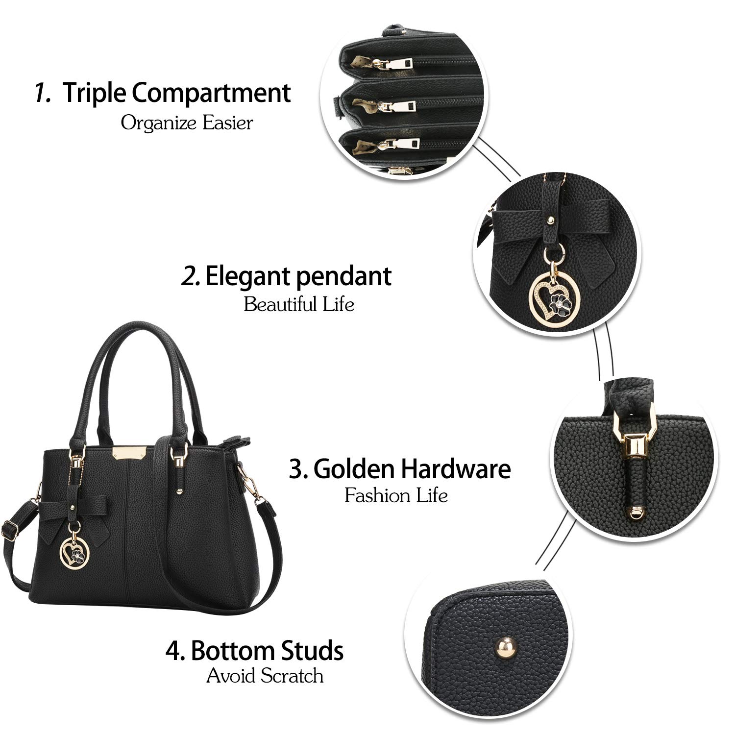 KKXIU Women's Leather Satchel Handbag with 3 Zippered Compartments - Top Handle & Adjustable Shoulder Strap - Fashionable Work Tote for Office, Travel & Everyday Use