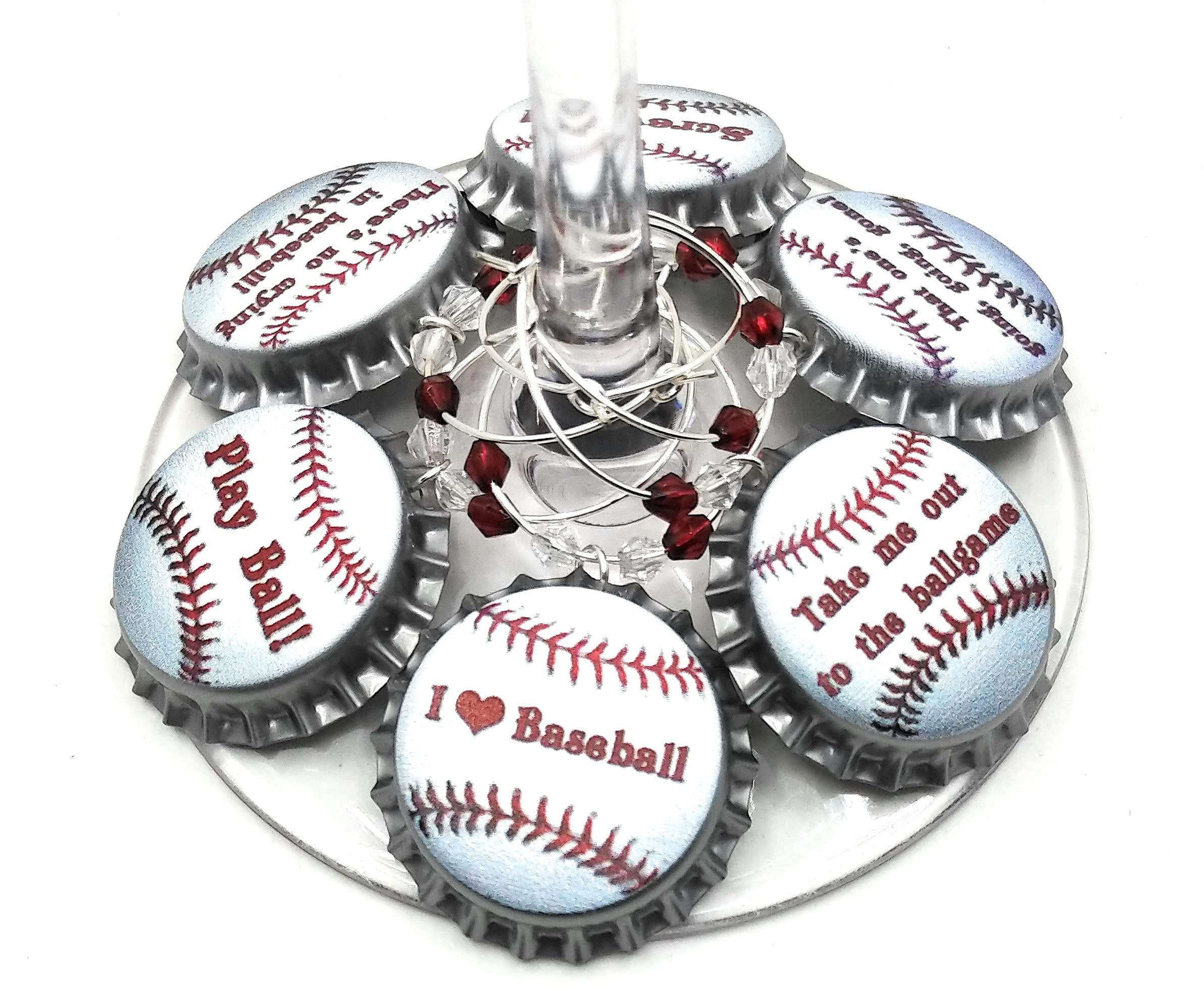 Baseball Wine Charms Set of 6 - Perfect Baseball Gifts for Dad, Softball Lovers & Wine Enthusiasts - Glass Tag Identifiers & Bottle Cap Wine Charms for Parties, BBQs & Special Occasions