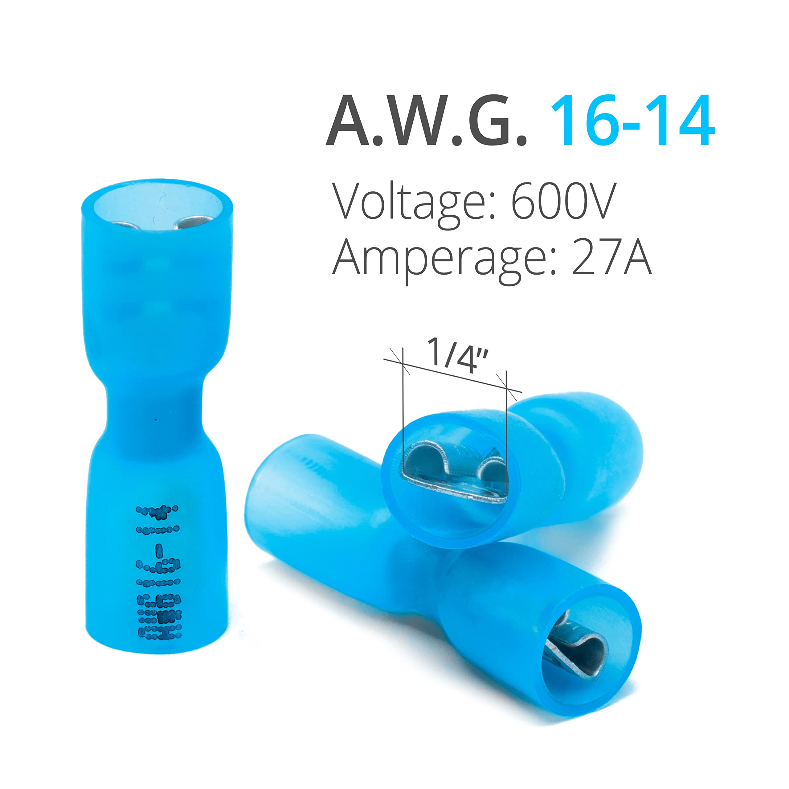 Wirefy 150 PCS Female Spade Connectors - 16-14 Gauge Heat Shrink Quick Disconnect Electrical Terminals (Blue) for Automotive, Marine & Home Wiring Applications