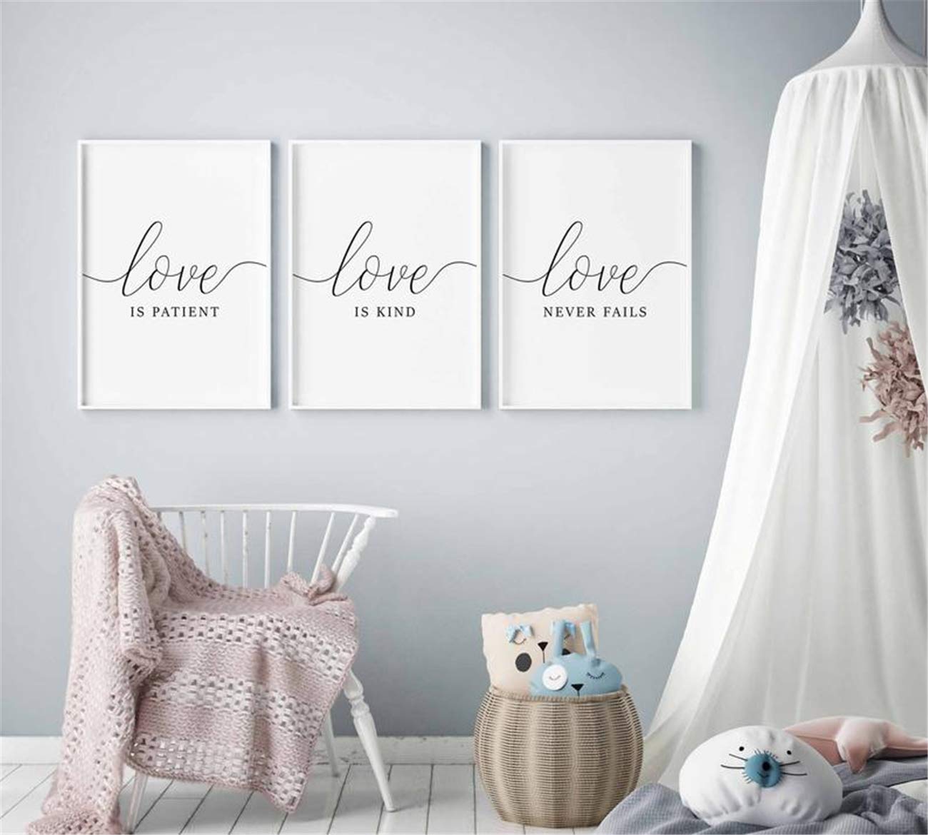 Black and White Love Is Patient Love Is Kind Love Never Fails 3-Piece Canvas Wall Art - Bible Verse Scripture Painting for Living Room, Bedroom Decor - Perfect for Christian Home & Wedding Gift