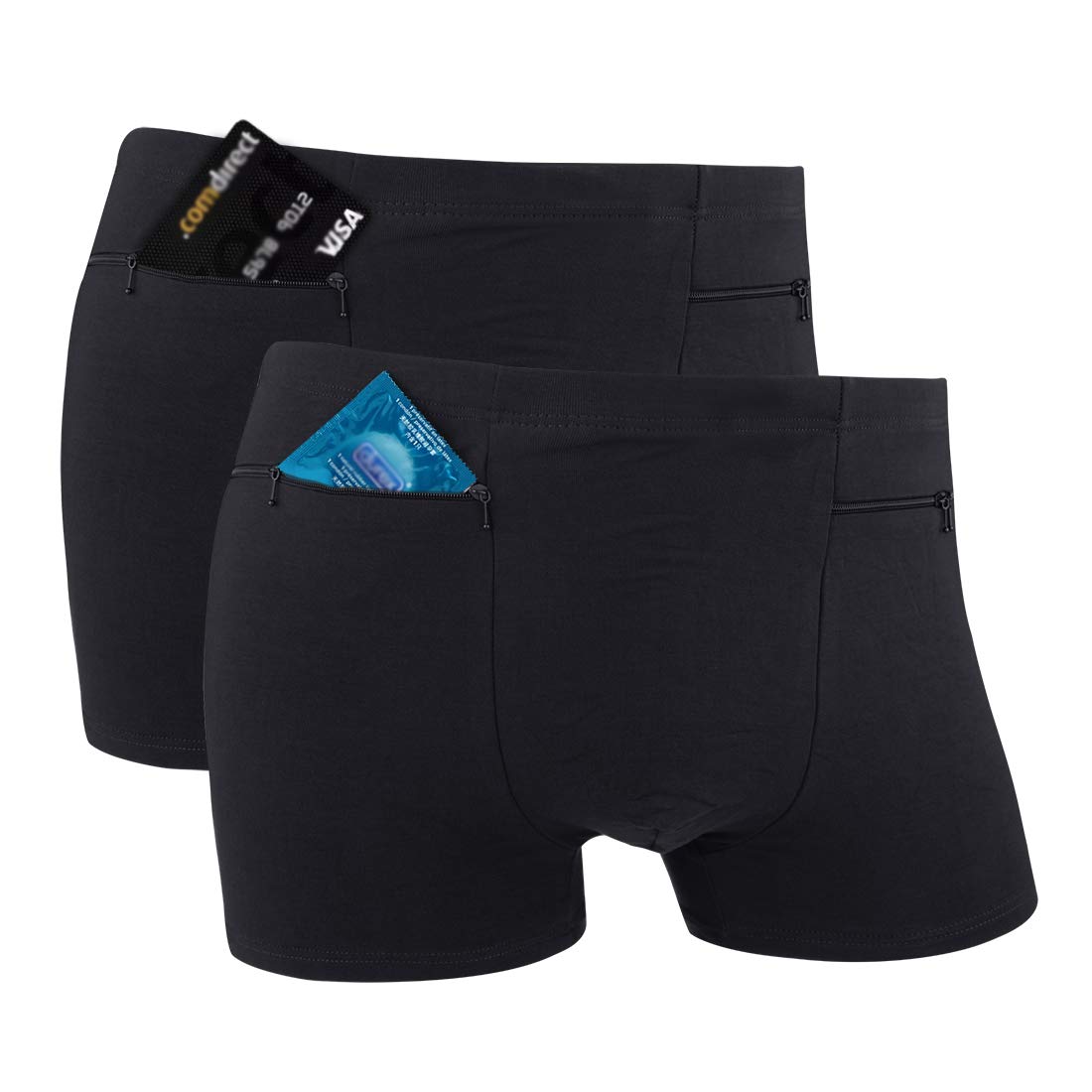 Men's Underwear with 2 Hidden Pockets - 2 Pack Black Boxer Briefs for Travel, Gym & Everyday Comfort