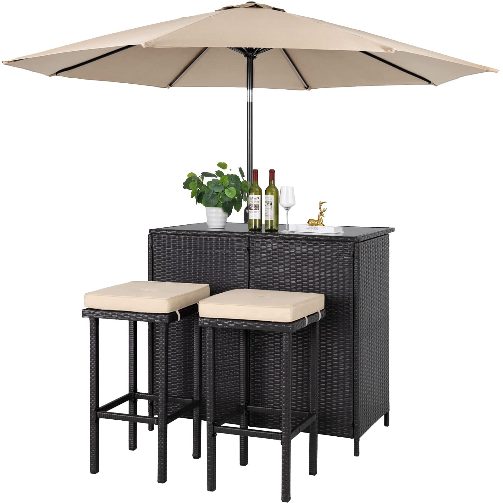 SOLAURA 3-Piece Outdoor Patio Bar Set - Black & Brown Wicker Bar Table with 2 Stools, Cushions & 9 FT Champagne Umbrella - Perfect for Backyard, Poolside, Deck or Garden Relaxation