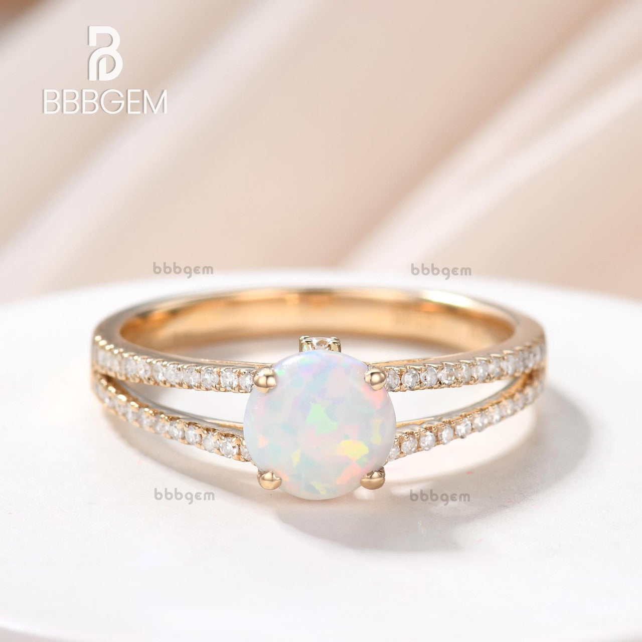 Vintage Opal Engagement Ring - Split Shank Round Cut Opal Wedding Band in Rose Gold | Perfect for Proposals, Anniversaries & Romantic Occasions