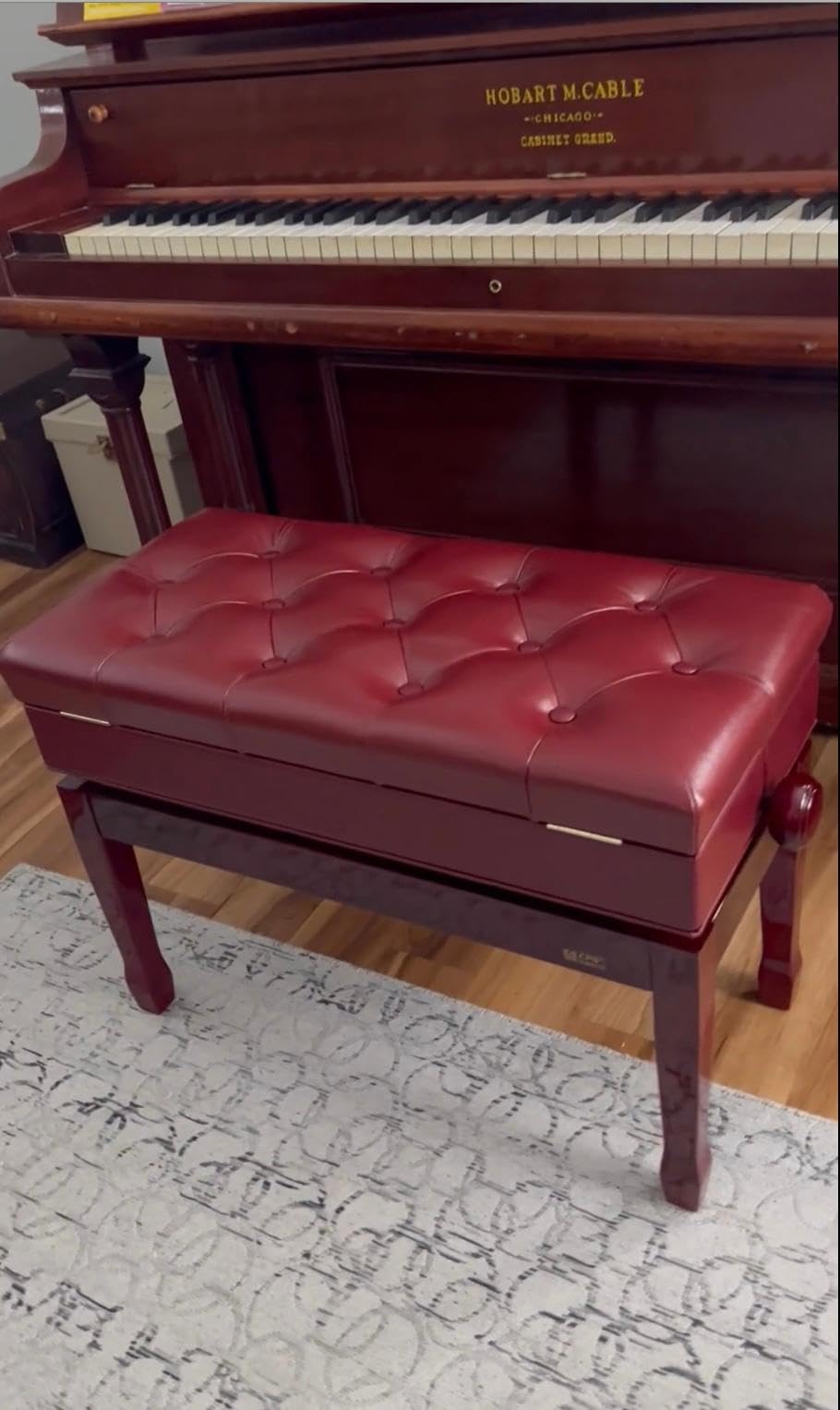 Premium Adjustable Duet Size Mahogany Piano Bench - Genuine Leather Seat with Music Storage - Perfect for Home Studios, Music Lessons & Concert Halls