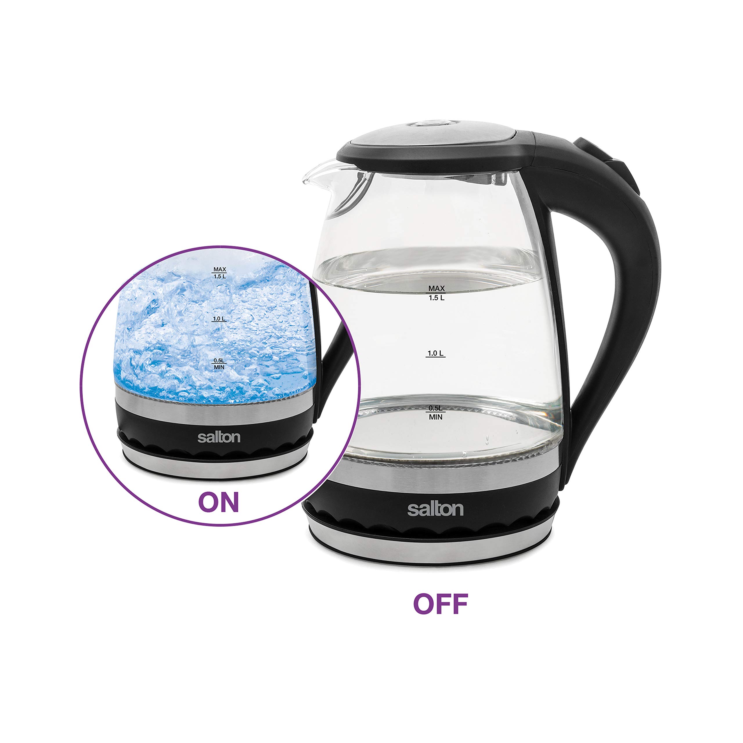 Salton GK1831 Cordless Electric Glass Kettle - 1.5L/Quart Water Boiler & Tea Heater with Auto Shut-Off, Boil-Dry Protection & Soft Blue LED Light - 1100W Fast Heating for Coffee, Tea & Instant Meals - Perfect for Home, Office & Dorm Use