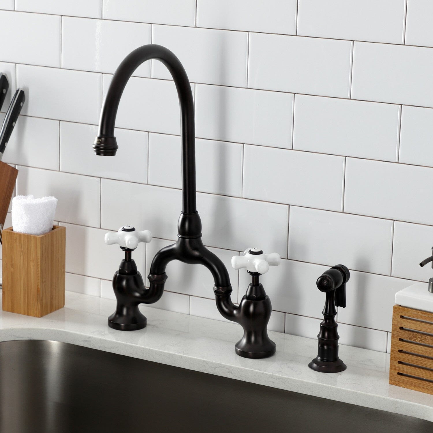 English Country Style Two-Handle 3-Hole Deck Mount Bridge Kitchen Faucet with Brass Side Sprayer - Perfect for Farmhouse & Vintage Style Kitchens