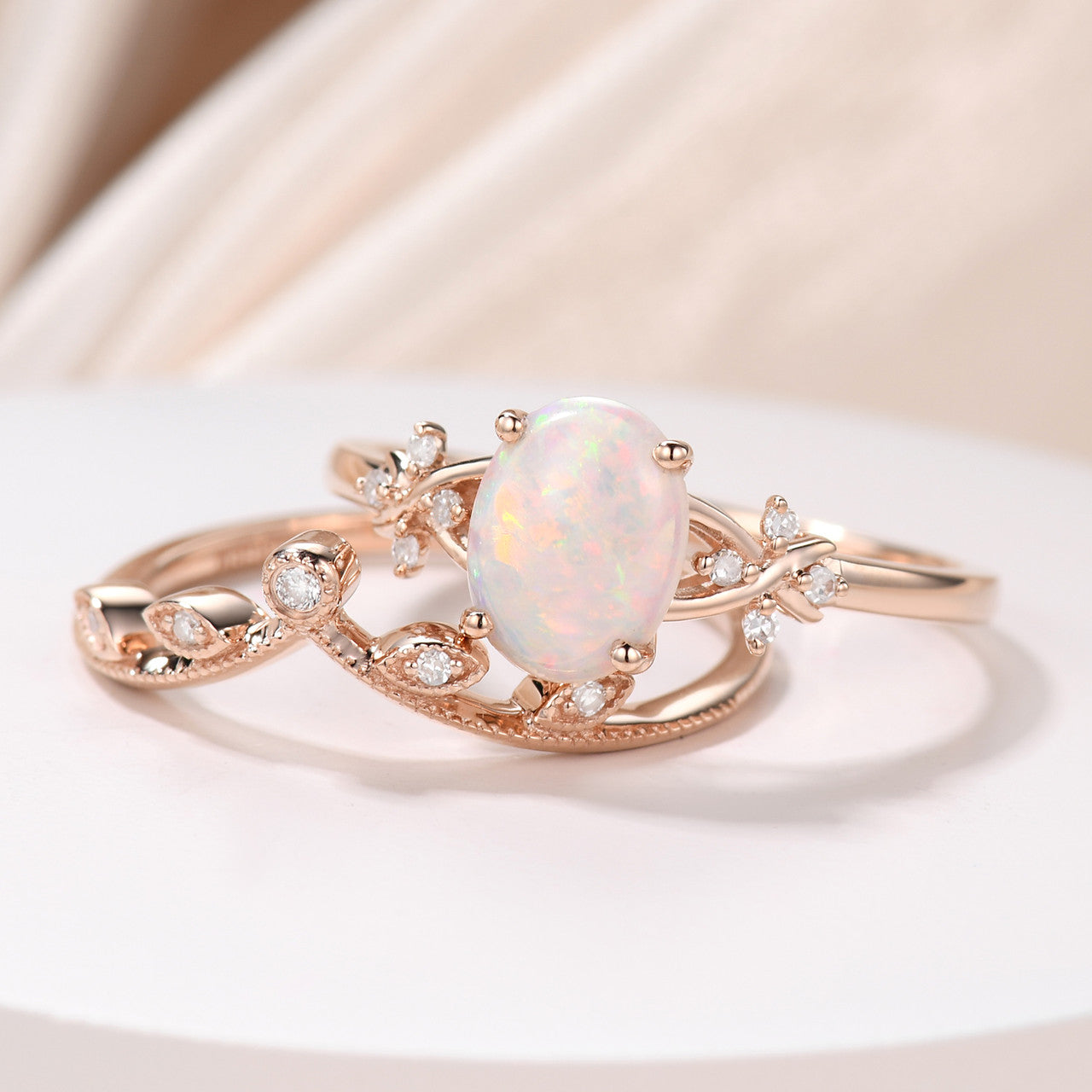Vintage Natural Fire Opal Engagement Ring Set - Oval Australian Opal Jewelry for Women - Perfect for Wedding, Anniversary & Special Occasion Gifts