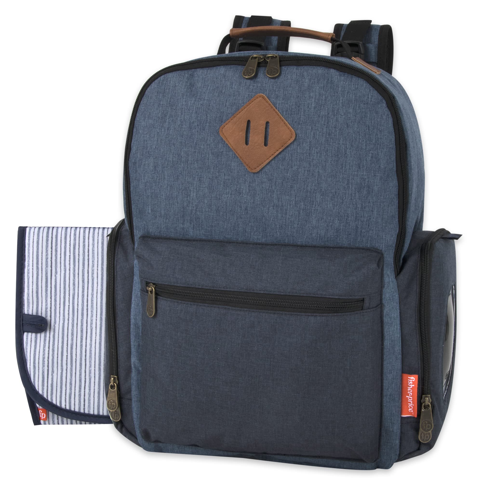 Fisher Price Multi Compartment Diaper Bag Backpack - Large Baby Diaper Bag with Portable Changing Pad, Wipes Pocket, Stroller Straps & Insulated Bottle Pockets | Blue River Design | Perfect for Travel, Daycare & On-the-Go Parents