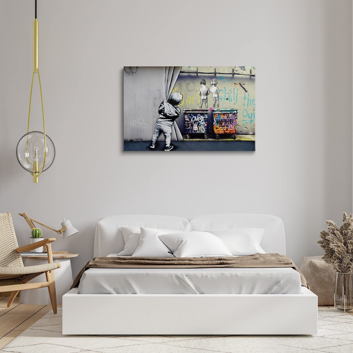 Funny Graffiti Wall Art - Modern Pop Art Canvas Print of Kid Opening Curtain | Street Art Style Home Decor for Kids Room, Living Room & Nursery | 40x28 Inches Gray Creative Wall Poster