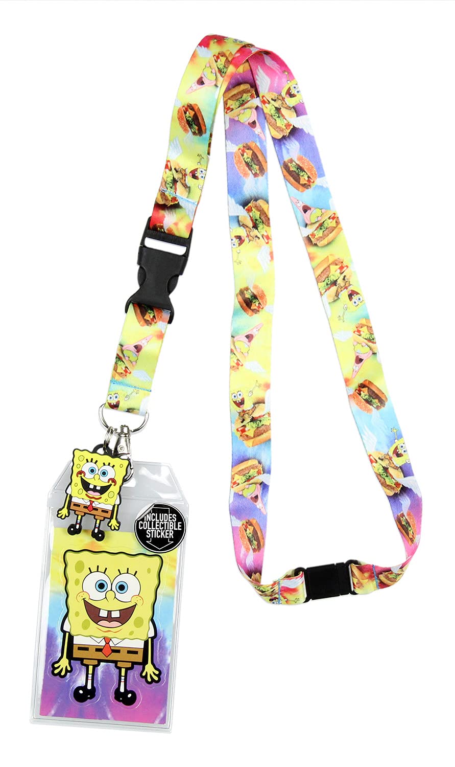Spongebob Squarepants & Patrick Krabby Patties Breakaway ID Lanyard - Detachable Badge Holder with Rubber Charm & Collectible Sticker - Perfect for School, Work, Conventions & Anime Events