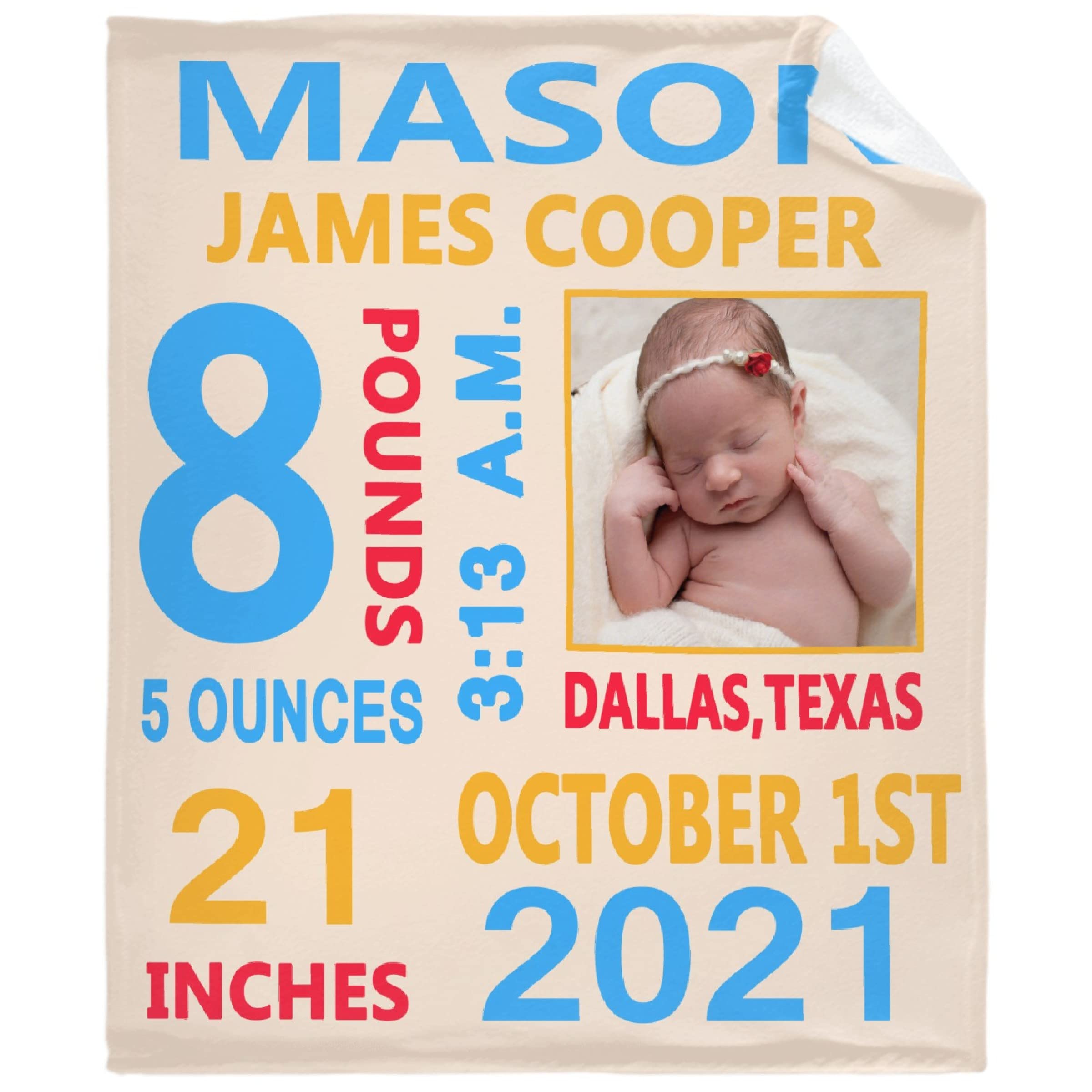 Custom Photo Blanket with Birth Details - 90x120 Inch Personalized Baby Blanket | Ultra Soft Plush Throw for Newborns, Toddlers, Boys & Girls | Unique Gift for Baby Shower, Nursery Decor, First Birthday Present