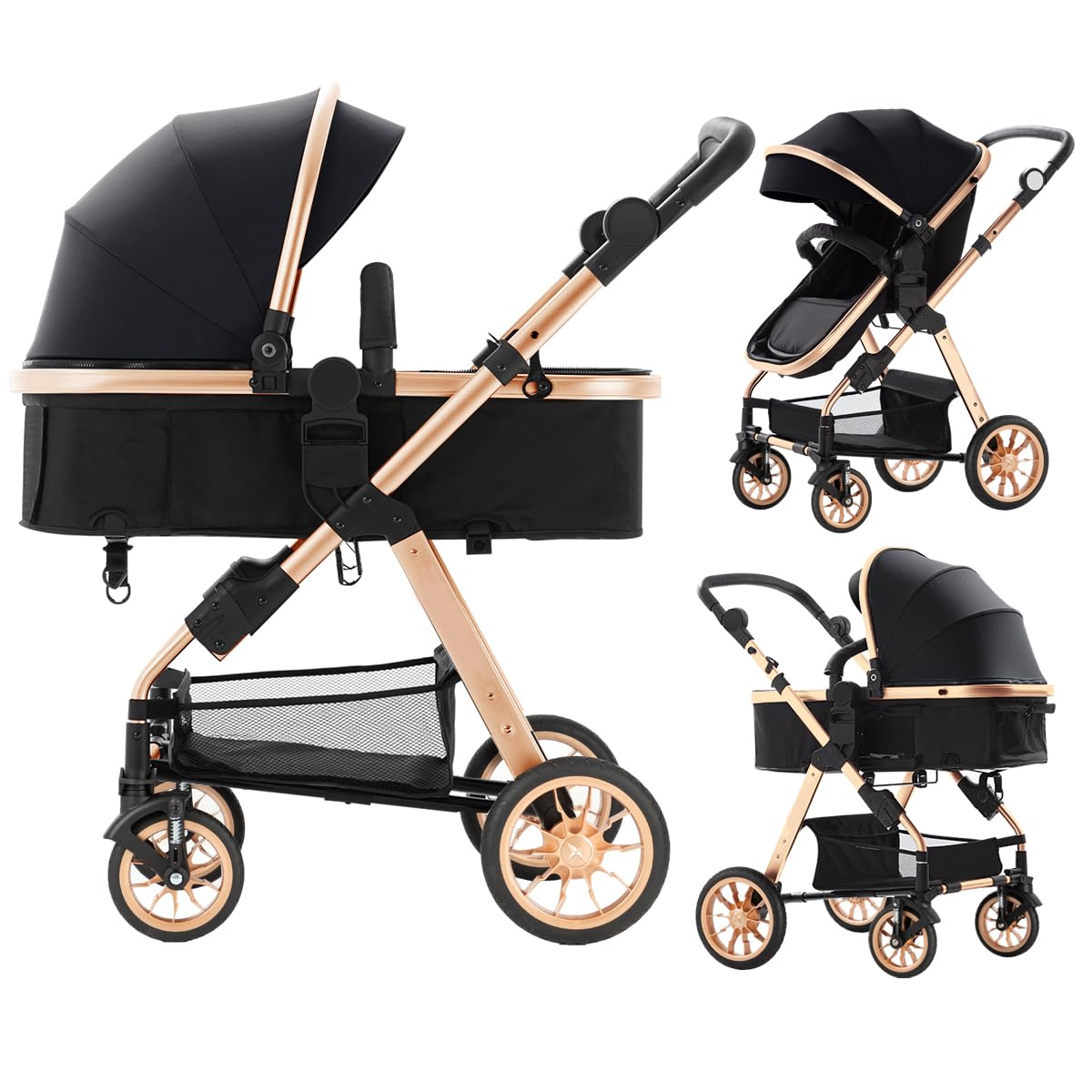 Blahoo Baby Stroller for Toddlers - Lightweight Foldable Aluminum Alloy Bassinet Pushchair with Adjustable Backrest & Reversible Seat | Perfect for Newborns, Infants & Travel | Gold & Black Design