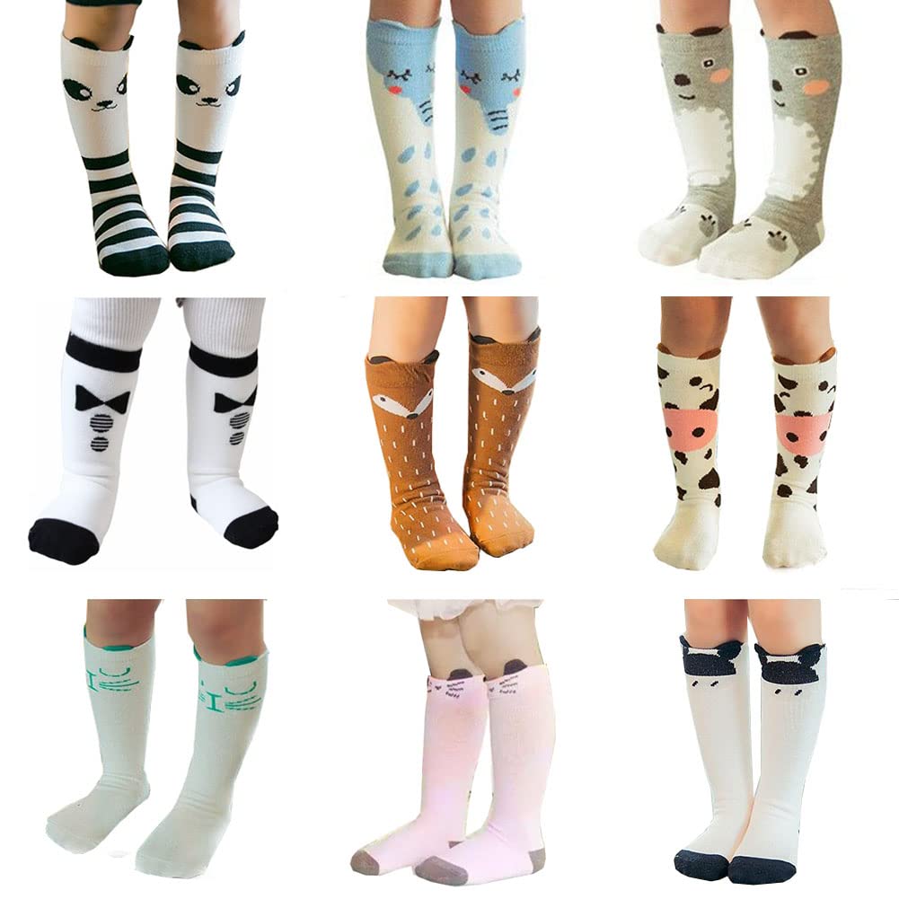 FedMois 9 Pairs Baby & Toddler Knee High Cotton Socks - Soft & Breathable Long Socks for Girls & Boys - Perfect for Everyday Wear, School, and Playtime