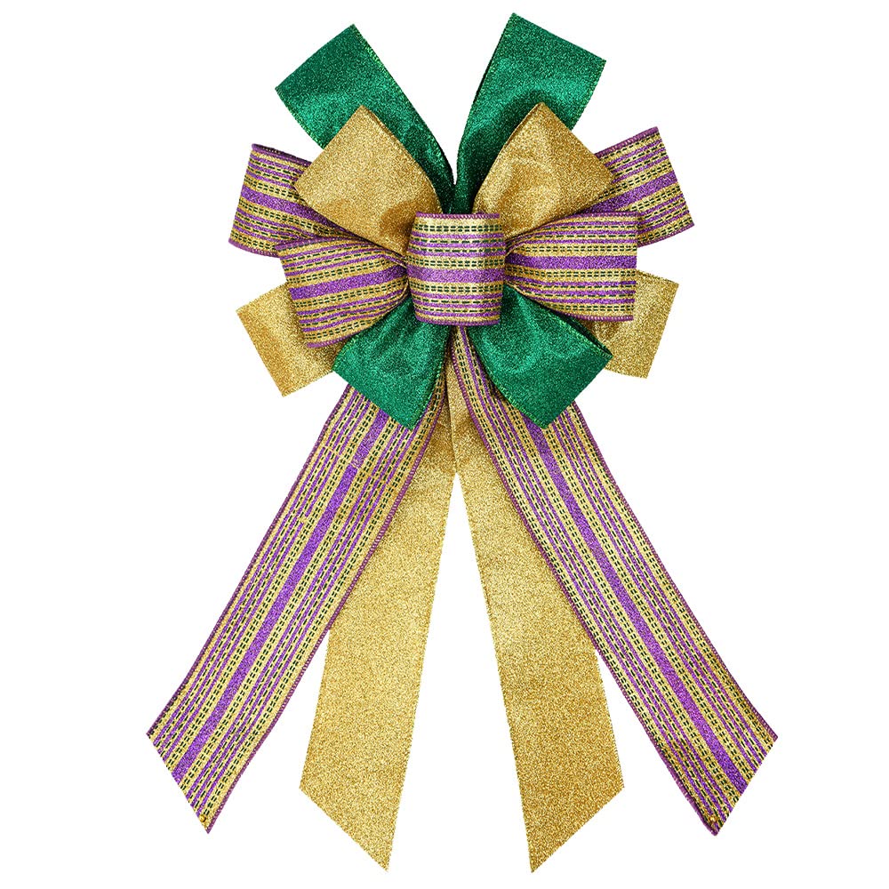 Festive Mardi Gras Bows for Wreaths - Glitter Green & Gold Striped Fat Tuesday Door Decor - New Orleans Carnival Party Supplies for Farmhouse, Masquerade & Front Door Decorations - Perfect for Wreath Making, Front Door Decor & Mardi Gras Party Decorations