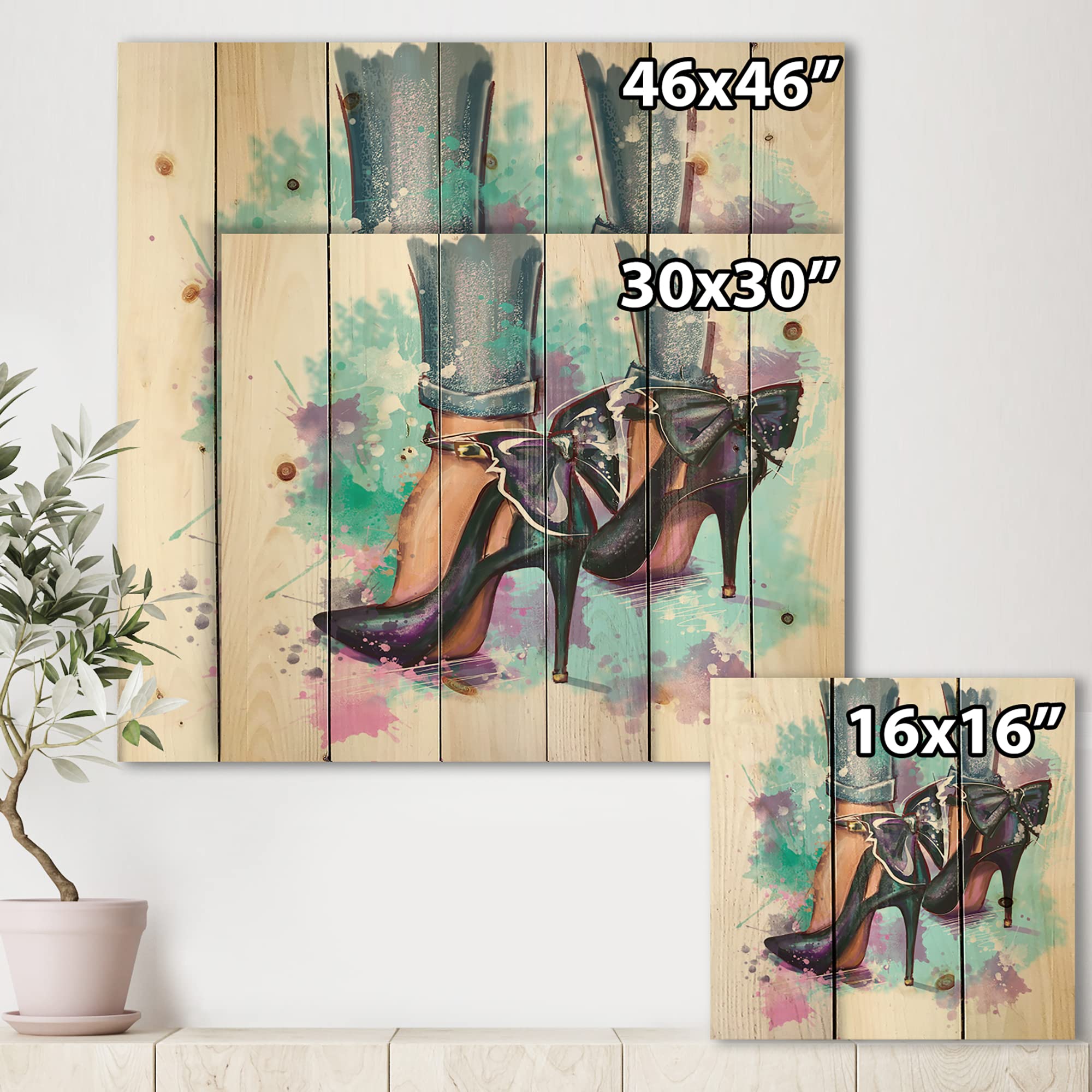 Trendy Fashion Shoes & Modern Wood Wall Decor - Blue Large Wood Wall Art Panels Printed on Natural Pine for Living Room, Bedroom & Office Decor
