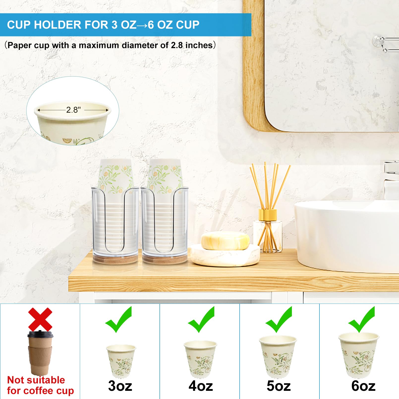 Large Bathroom Cup Dispenser - 2 Pack PC Plastic & Bamboo Holder for Dixie 3oz 5oz 6oz Mouthwash Cups | Vanity Countertop Organizer for Bathroom, Kitchen & Dining Room (Transparent) | Perfect for Home, Office & Travel Use