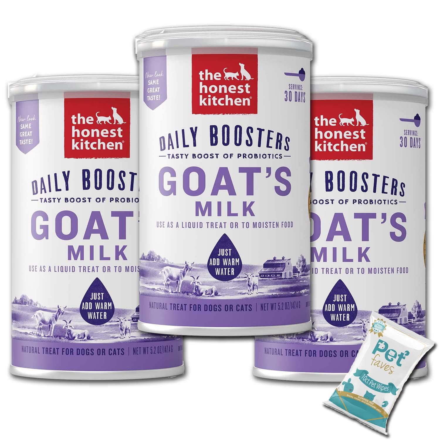 The Honest Kitchen (3 Pack) Instant Goat's Milk with Probiotics for Dogs & Cats - 5.2 oz Powder + 10ct Pet Wipes - Digestive Health & Skin Care - Perfect for Travel, Grooming & Daily Use