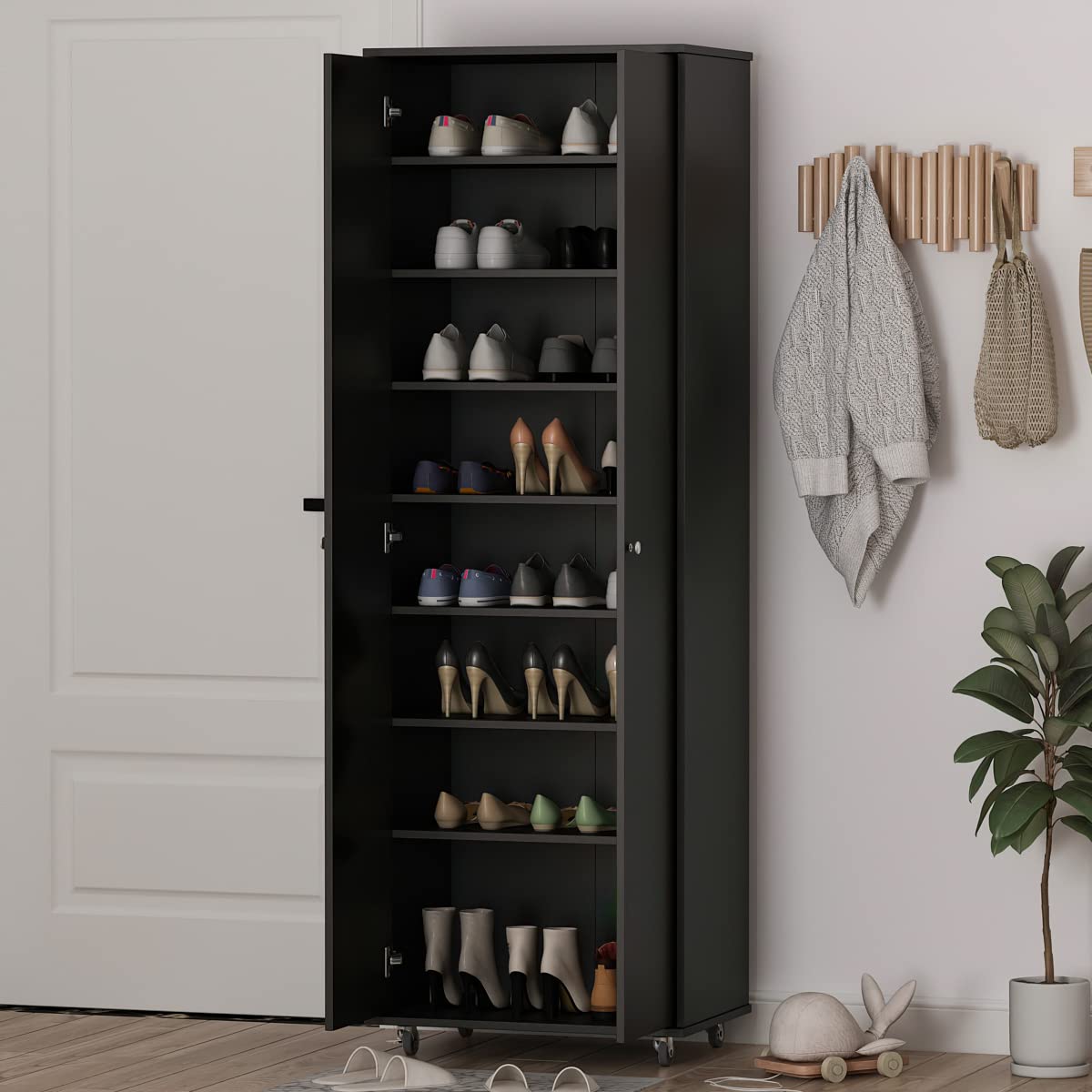 Hitow Large Shoe Cabinet with Wheels - Wooden 2 Door Tall Shoe Storage Organizer with 7 Adjustable Shelves - Freestanding Closet for Entryway, Bedroom, Office & Garage - Modern Black Furniture for Home Organization
