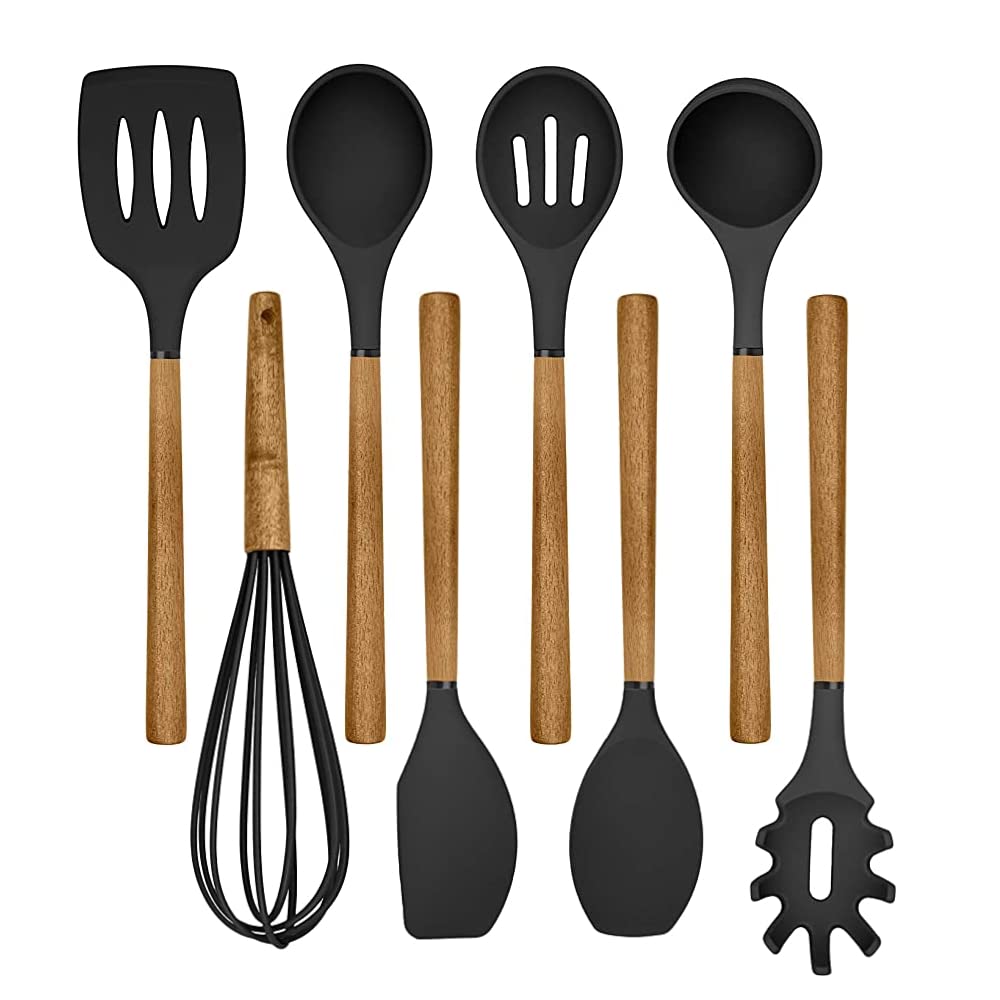 Non-Stick Silicone Cooking Utensil Set with Wooden Handles - 8-Piece Kitchen Tool Set for Baking, Frying & Stirring - Perfect for Non-Scratch Cookware & Easy Cleanup