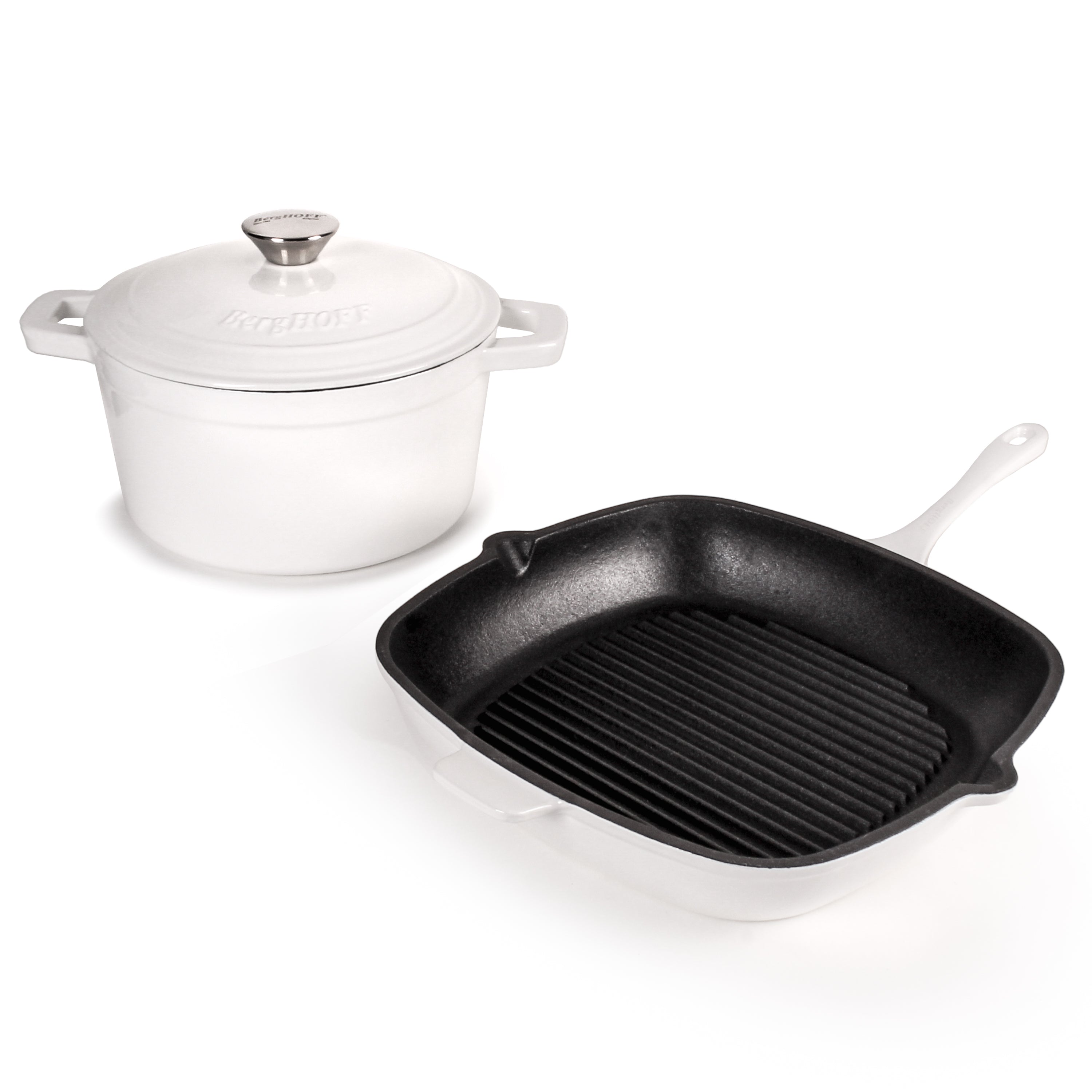 BergHOFF Neo 3-Piece Cast Iron Cookware Set - Grill Pan & Round Dutch Oven in White | Durable Enameled Cast Iron for Stovetop, Oven & Camping | Perfect for Searing, Braising & Outdoor Cooking