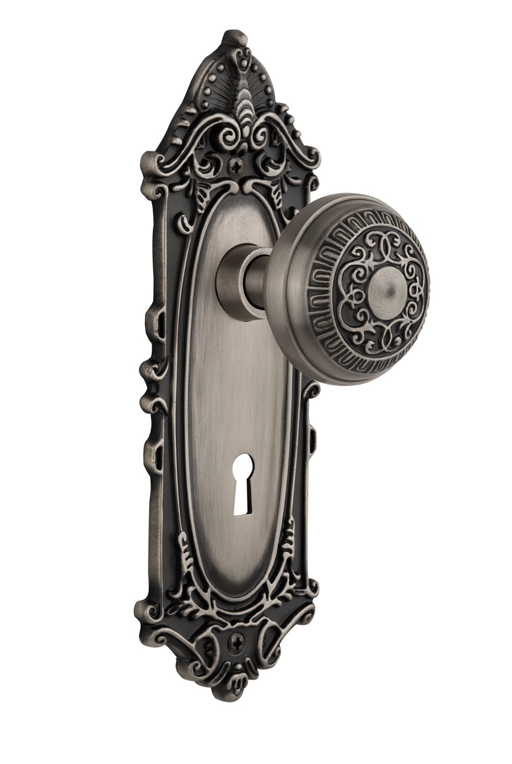 Vintage Victorian Plate with Keyhole Egg & Dart Knob - Double Dummy Antique Pewter Cabinet Hardware for Classic Home Decor | Perfect for Restoring Heritage Homes & Adding Elegance to Doors & Drawers