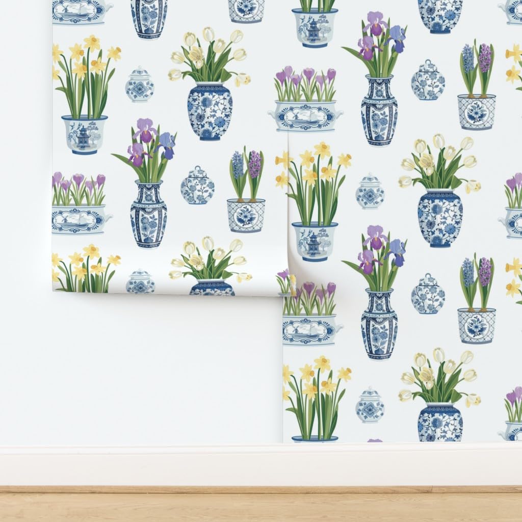 Premium Commercial Grade Wallpaper 27ft x 2ft - Floral Pots, Vases & Tulips Chinoiserie Delft Traditional Design | Spoonflower | Perfect for Living Room, Bedroom & Dining Room Decor