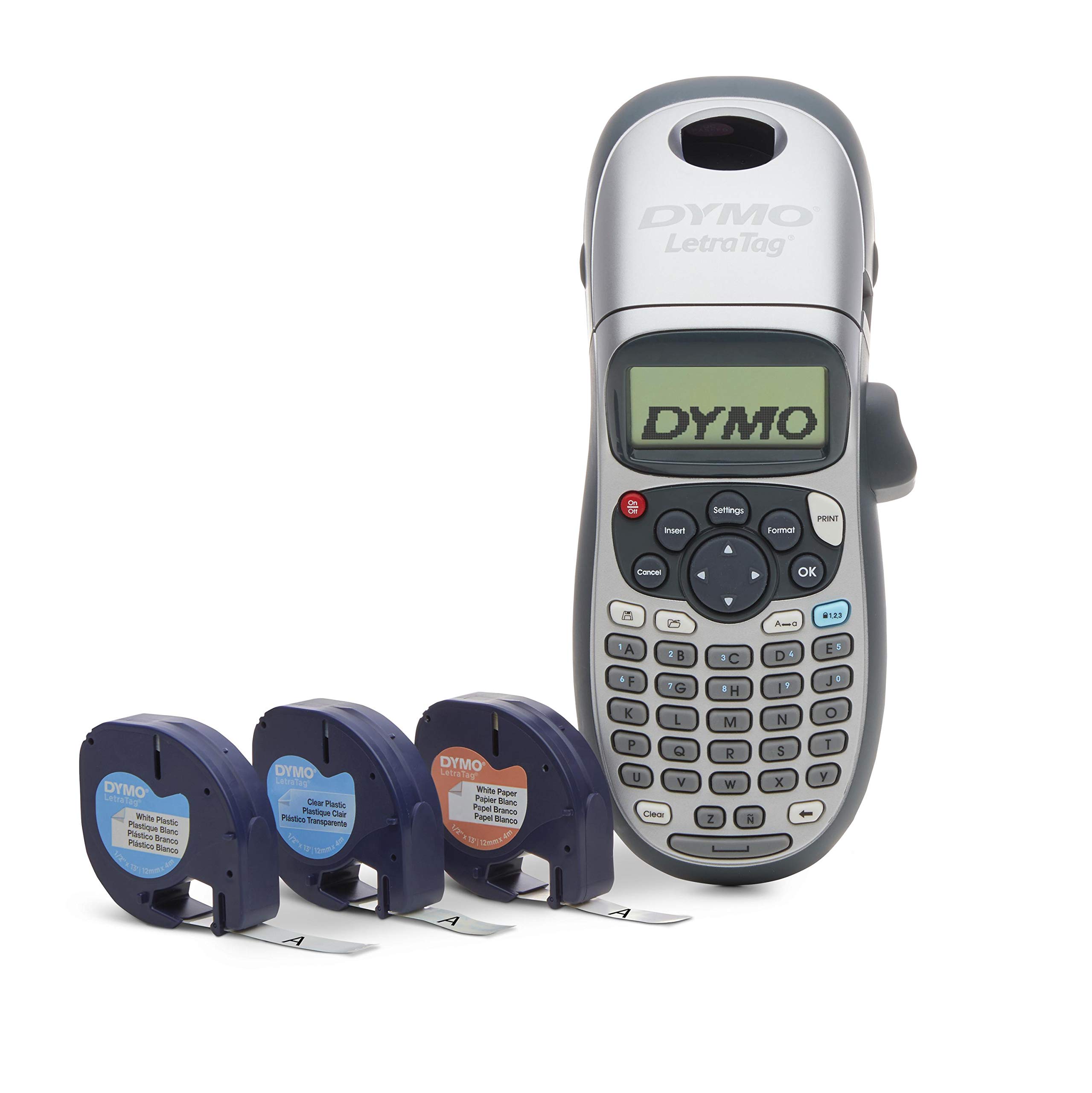 DYMO LetraTag 100H Handheld Label Maker - Easy-to-Use Label Printer with 13 Character LCD Display for Home & Office Organization (White) - Includes Machine + 3 Label Tapes - Perfect for Organizing Files, Storage Boxes & Office Supplies