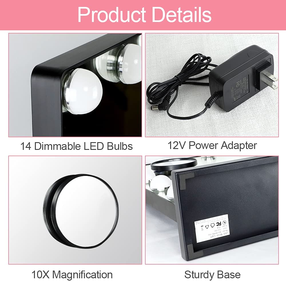 Depuley 20 x 16 Inch Hollywood Makeup Mirror with Lights - 14 Dimmable LED Bulbs, 3 Color Lighting Modes, USB Charging & Detachable 10X Magnifier - Perfect for Vanity, Dressing Room, Salon & Professional Makeup Artists (50 x 40 cm)