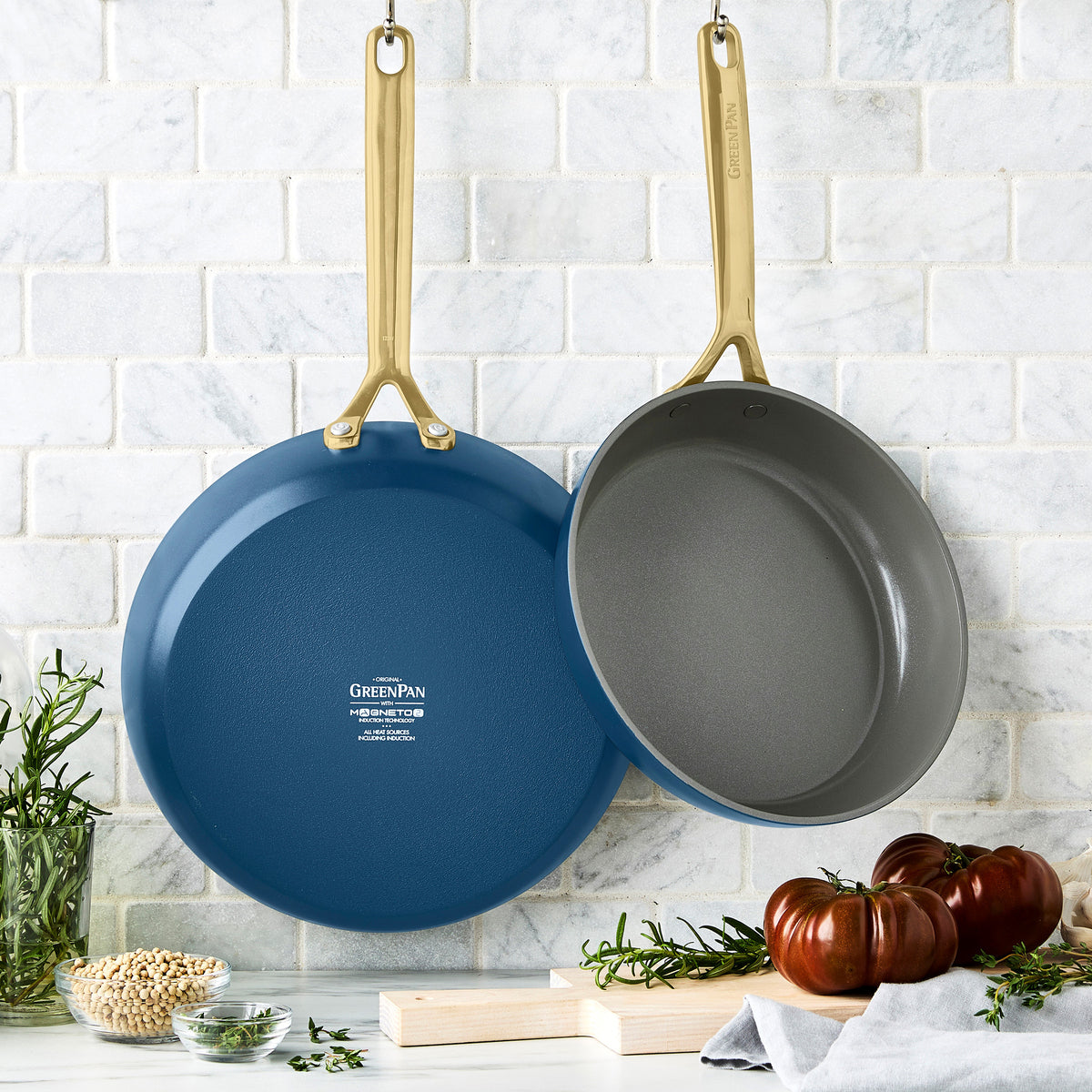Premium GP5 Ceramic Nonstick 9.5 & 11-Inch Fry Pan Set - Champagne Gold Handles & Marine Blue Coating | Dishwasher Safe Cookware for Sauteing, Frying & Everyday Cooking