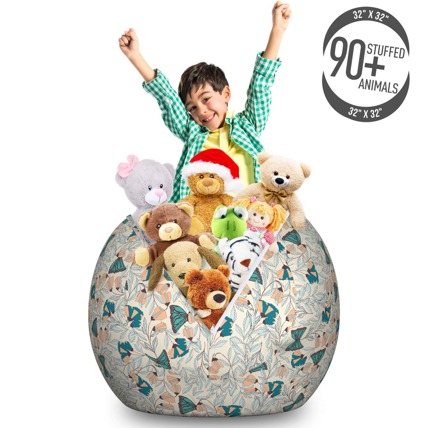 Ambesonne Floral Storage Toy Bag Chair - Large Washable Stuffed Animal Organizer with Burgeoning Flowers & Monarch Butterflies Design in Eggshell Dark Seafoam | Kids Room Decor, Playroom Storage, Nursery Organization
