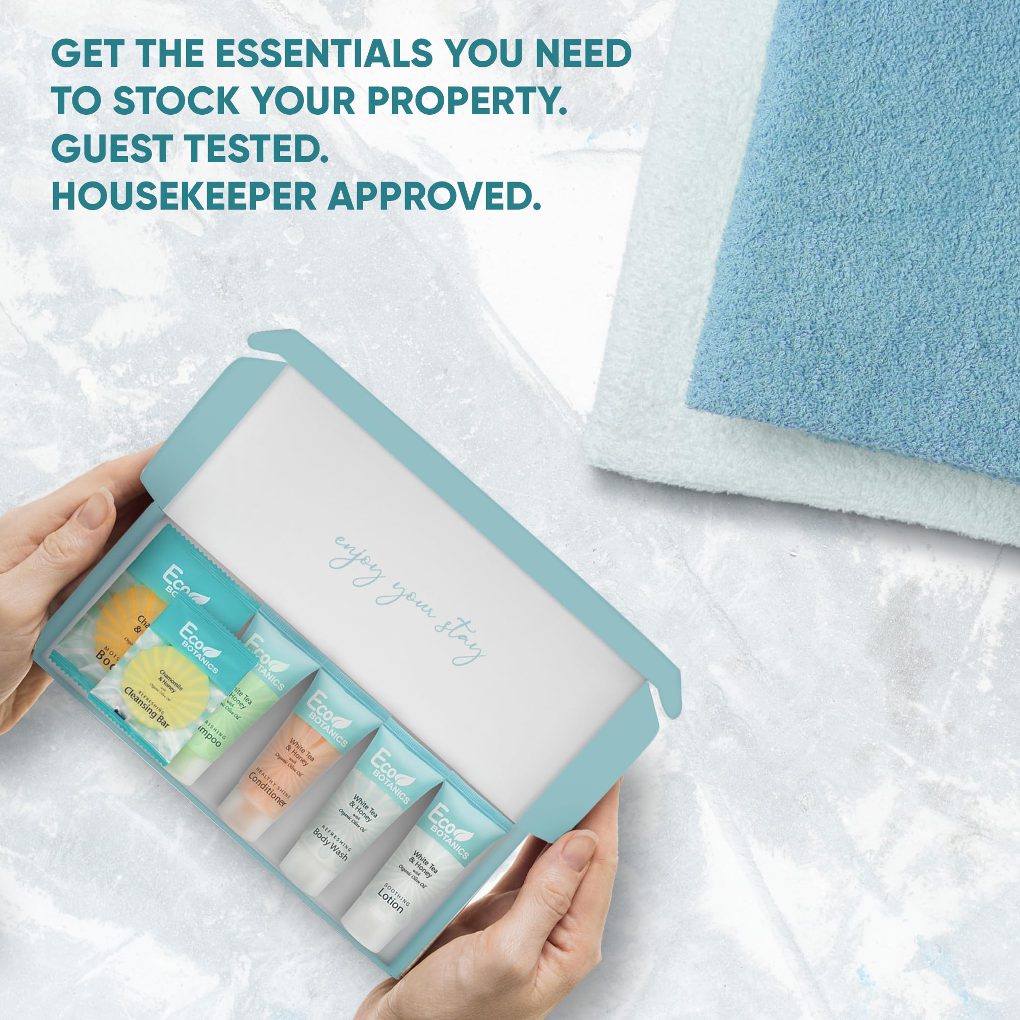 Eco Botanics Travel Amenity Kit - 15 Sets per Case | 0.85 oz Shampoo, Conditioner, Body Wash, Lotion, Soap Bar, Makeup Wipes & Dental Kit | Perfect for Hotels, Airlines, Spas & Luxury Travel Toiletries