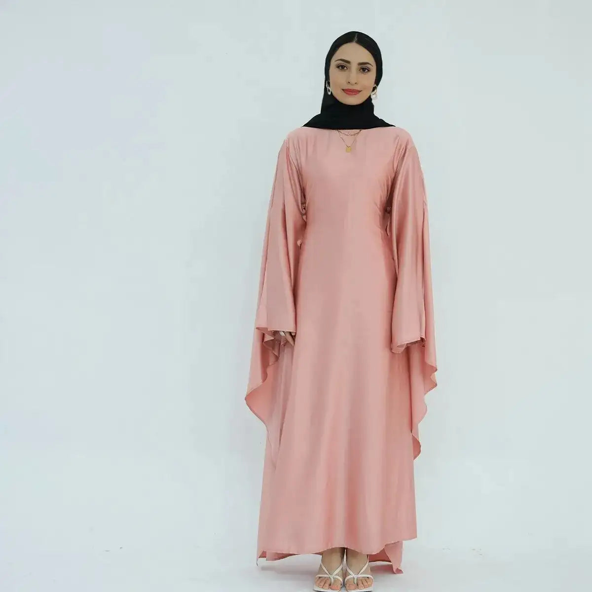 Elegant Butterfly Batwing Sleeve Satin Farasha Abaya Dress with Inner Belt - Modest Muslim Women's Prayer Dress for Special Occasions & Evening Events