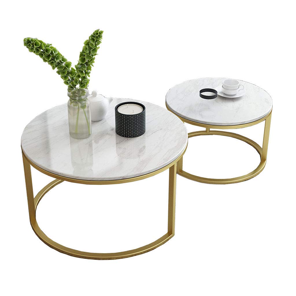 Modern Round Nesting Coffee Tables Set of 2 - Marble Top with Metal Base for Living Room, Lounge & Office - Space-Saving Home Décor Furniture for Small Apartments & Cozy Spaces