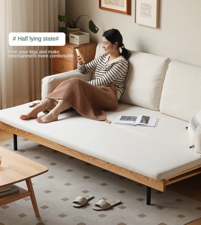 Oak Solid Wood Sofa Bed with Folding White Goose Feather Cushions - Convertible Sleeper for Small Spaces & Guest Rooms