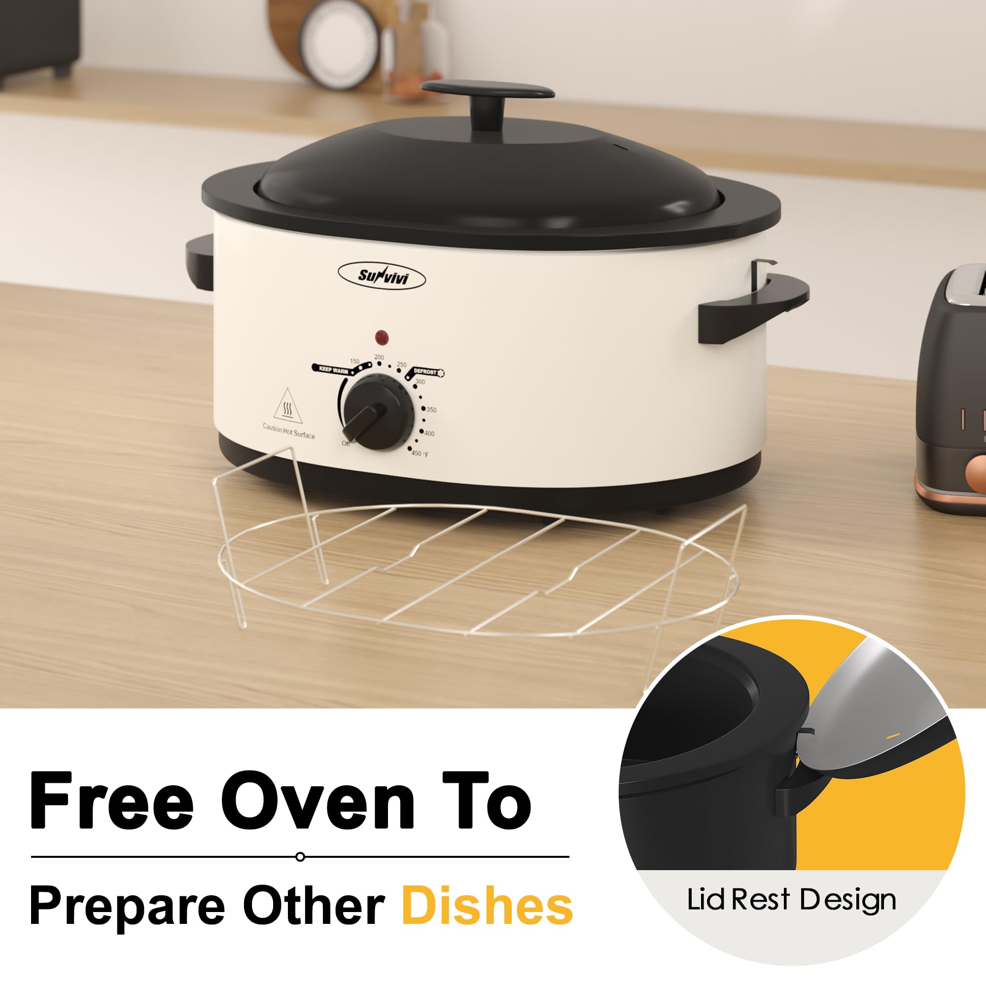 Sunvivi 8-Quart Electric Roaster Oven with Self-Basting Lid - Stainless Steel Turkey Roaster with Removable Pan & Rack - Perfect for Thanksgiving, Christmas, and Family Gatherings - White