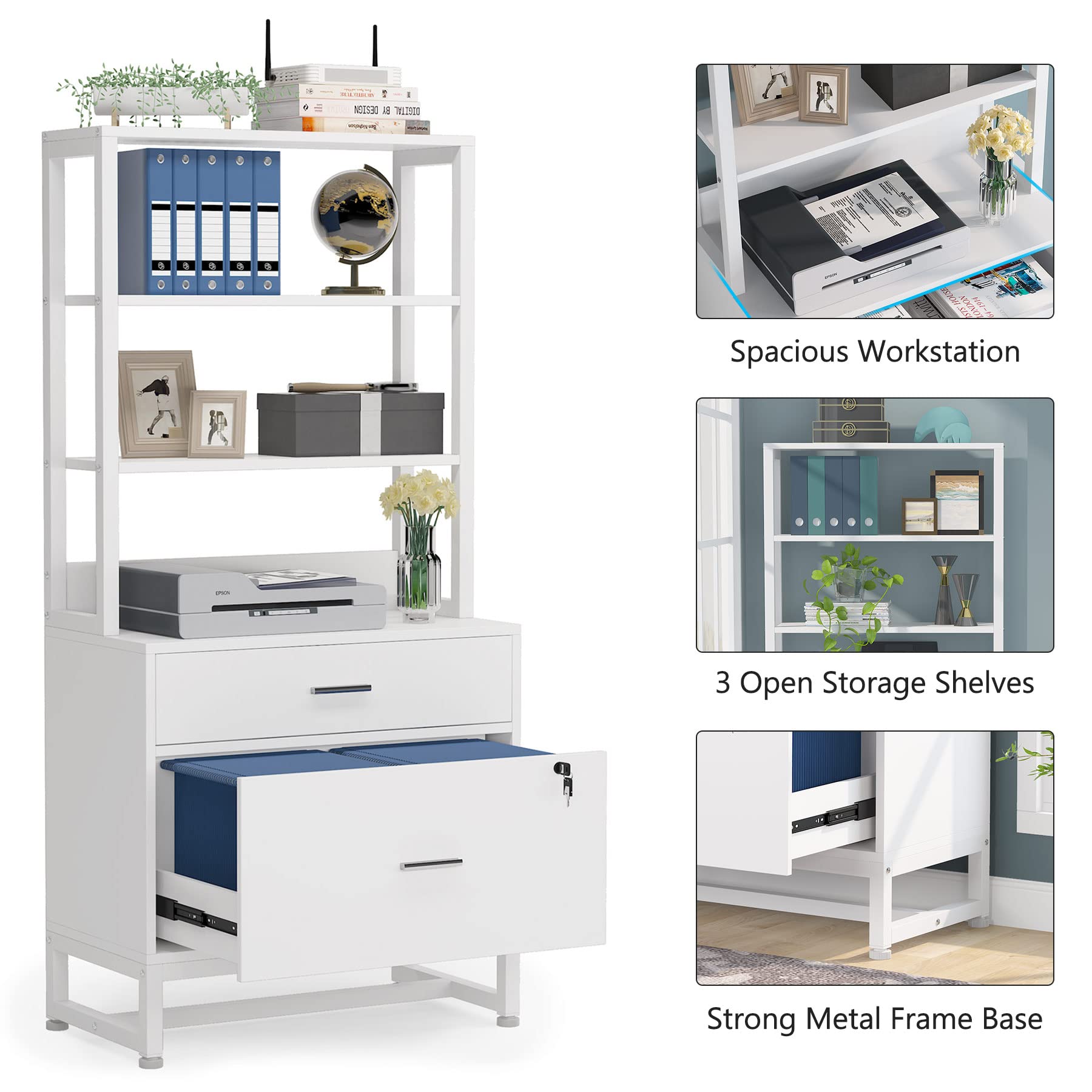 Tribesigns 2-Drawer Lockable Lateral File Cabinet - Letter Size Modern Office Storage with Open Shelves for Printer & Supplies - White - Perfect for Home Office Organization & Workspace Storage Solutions
