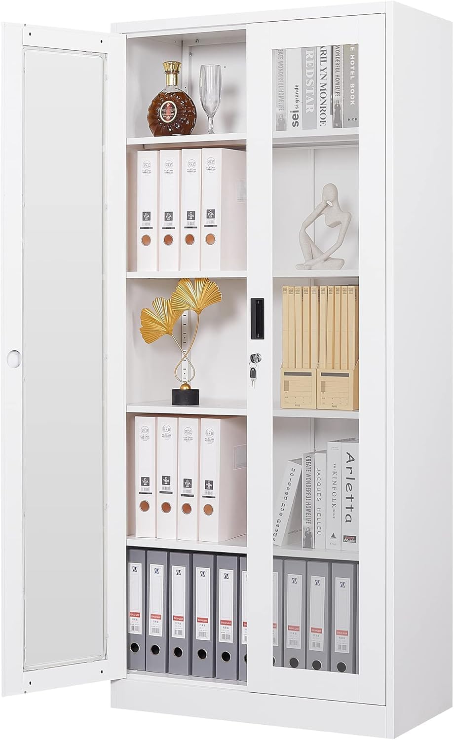 Tall Display Storage Cabinet with Tempered Glass Door - 4 Adjustable Metal Shelves for Home Office, Living Room & Study - White | Perfect for Organizing Books, Decor & Office Supplies