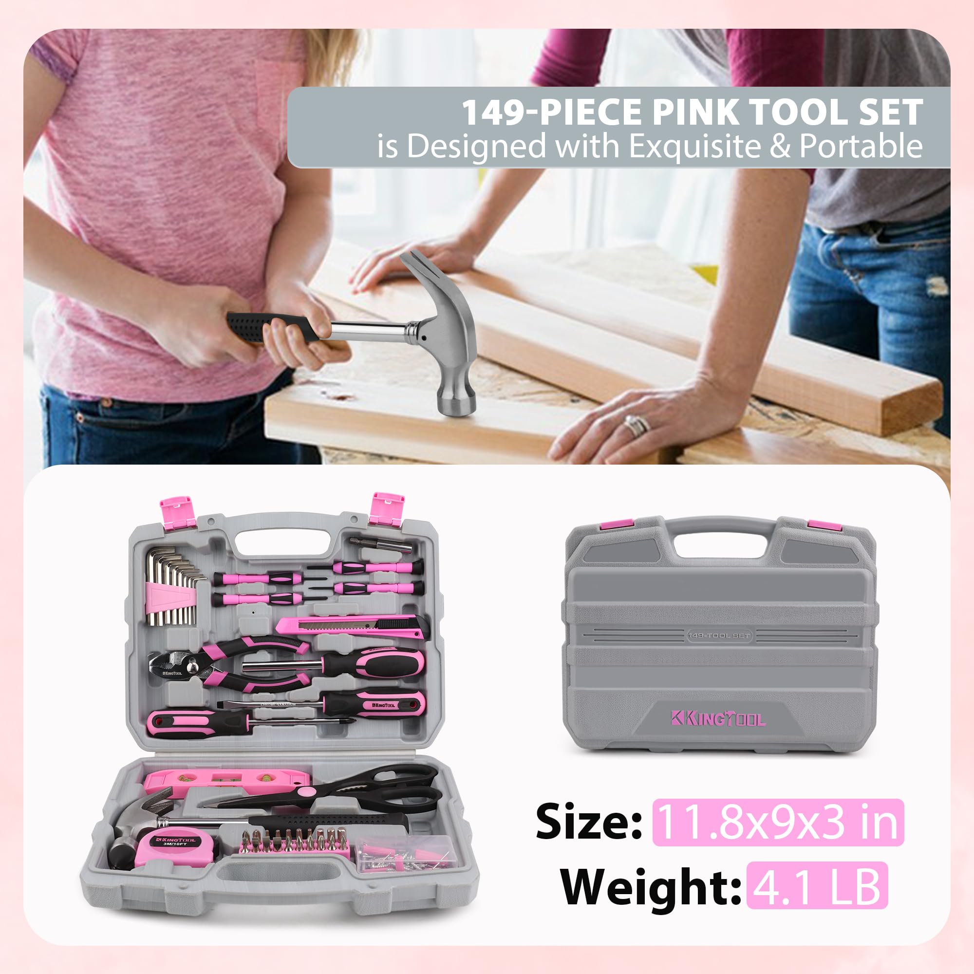 **KingTool 149-Piece Pink Tool Kit - Essential Home Repair Tool Set with Plastic Toolbox, Perfect for Women, DIY, Office & College Repairs - Ideal for Household Fixes, Small Projects & Emergency Repairs**