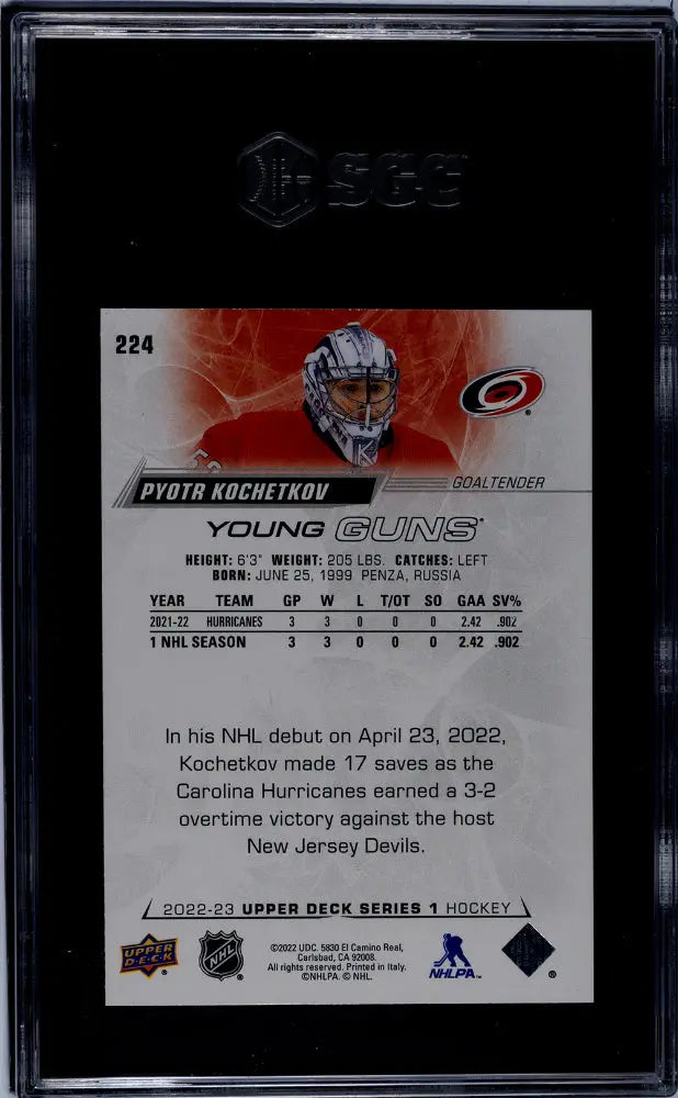 2022-23 Upper Deck Series 1 Hockey Pyotr Kochetkov Young Guns Rookie Card SGC 9.5 Gem Mint - Perfect for NHL Collectors & Hockey Fans Display