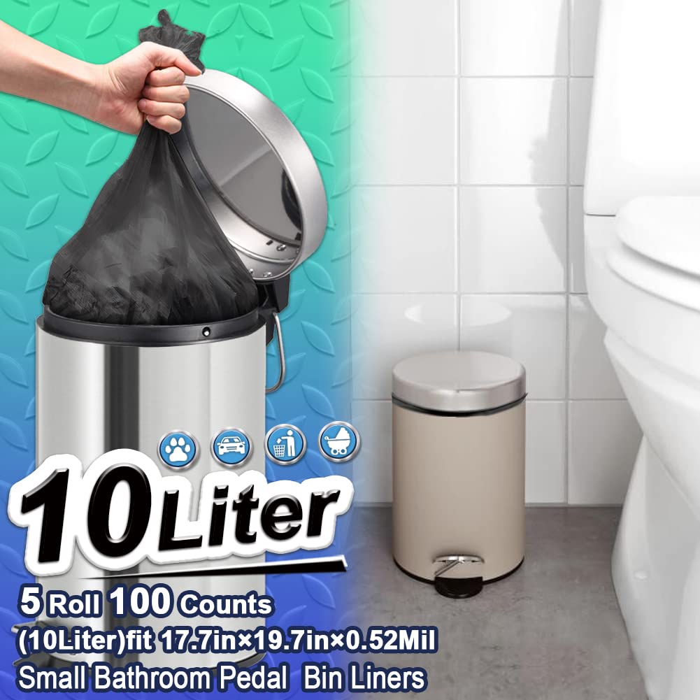 AOSULI 3 Gallon/10 Liter Small Bathroom Trash Bags - 100 Count Black Plastic Waste Basket Liners for Bathroom, Office & Kitchen Garbage Cans | Perfect for Small Spaces, Under Sink & Desk Bins