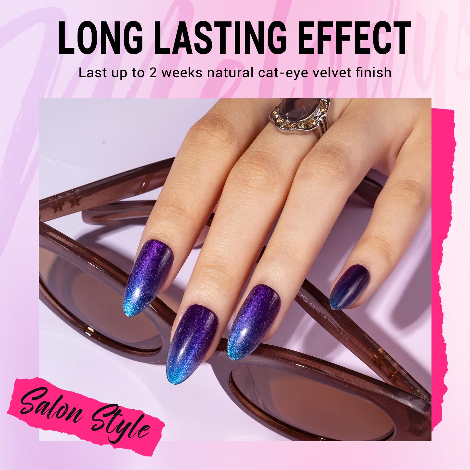 Melodysusie Press On Nails Almond Shape - Blue Purple Cat Eye Design, Medium Length Fake Nails with Salon-Quality Finish | Reusable Stick On Nails Kit Includes 15 Sizes & 30PCS with Nail Glue | Perfect for Parties, Weddings, Date Nights & Everyday Wear