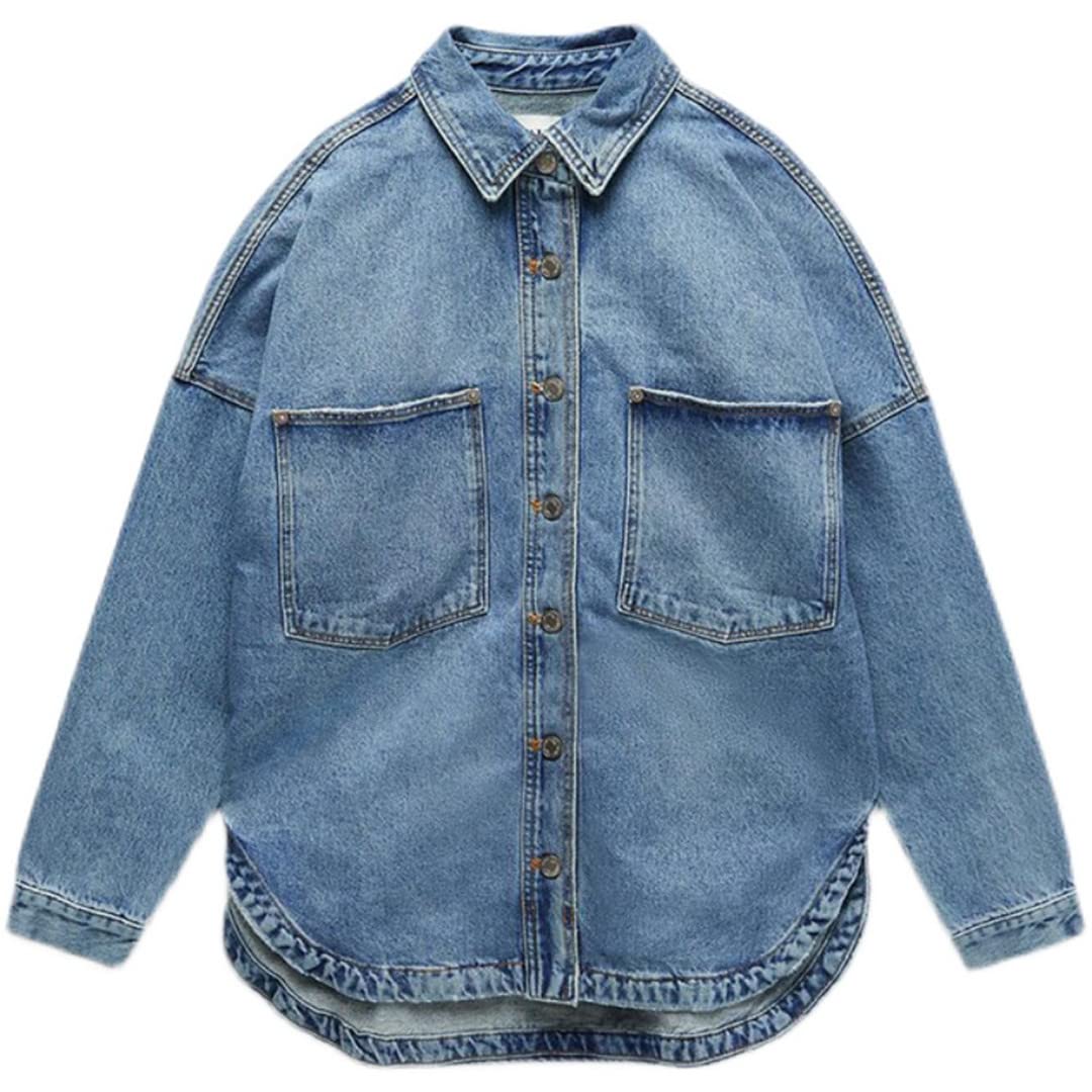 Women's Oversized Denim Jacket - Distressed Casual Jean Coat for Spring & Fall | Solid Blue Denim Jacket for Women | Perfect for Streetwear, Layering & Everyday Fashion