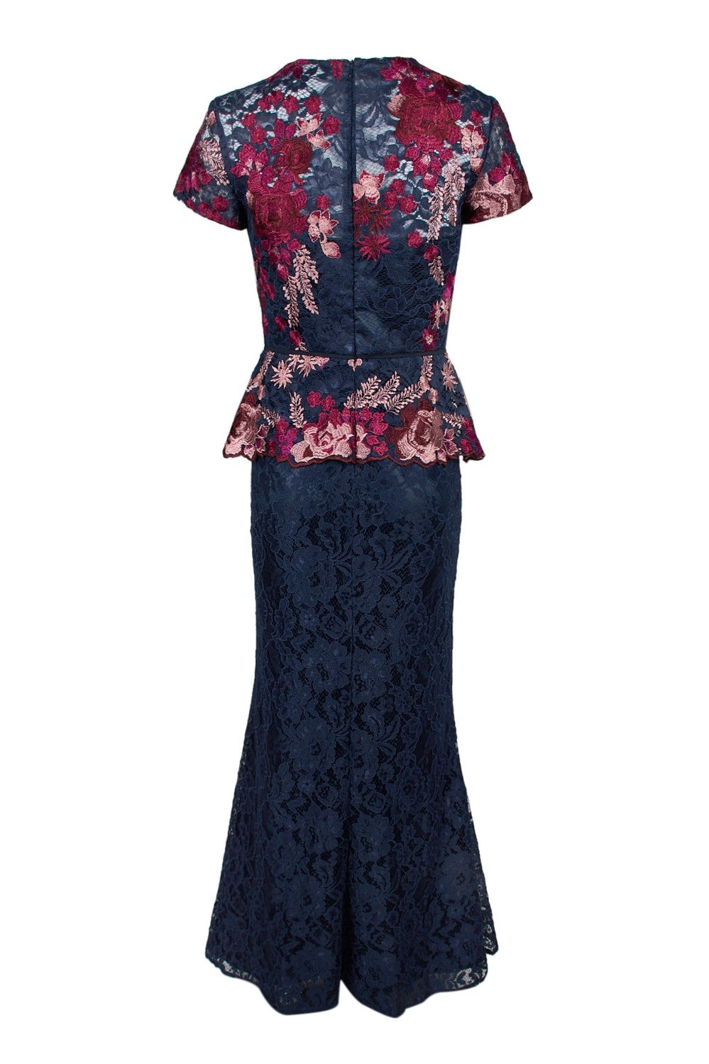 JS Collections Women's Lace Peplum Dress - Navy & Fuchsia Floral Print, Elegant Party Wear for Weddings, Cocktails & Special Occasions