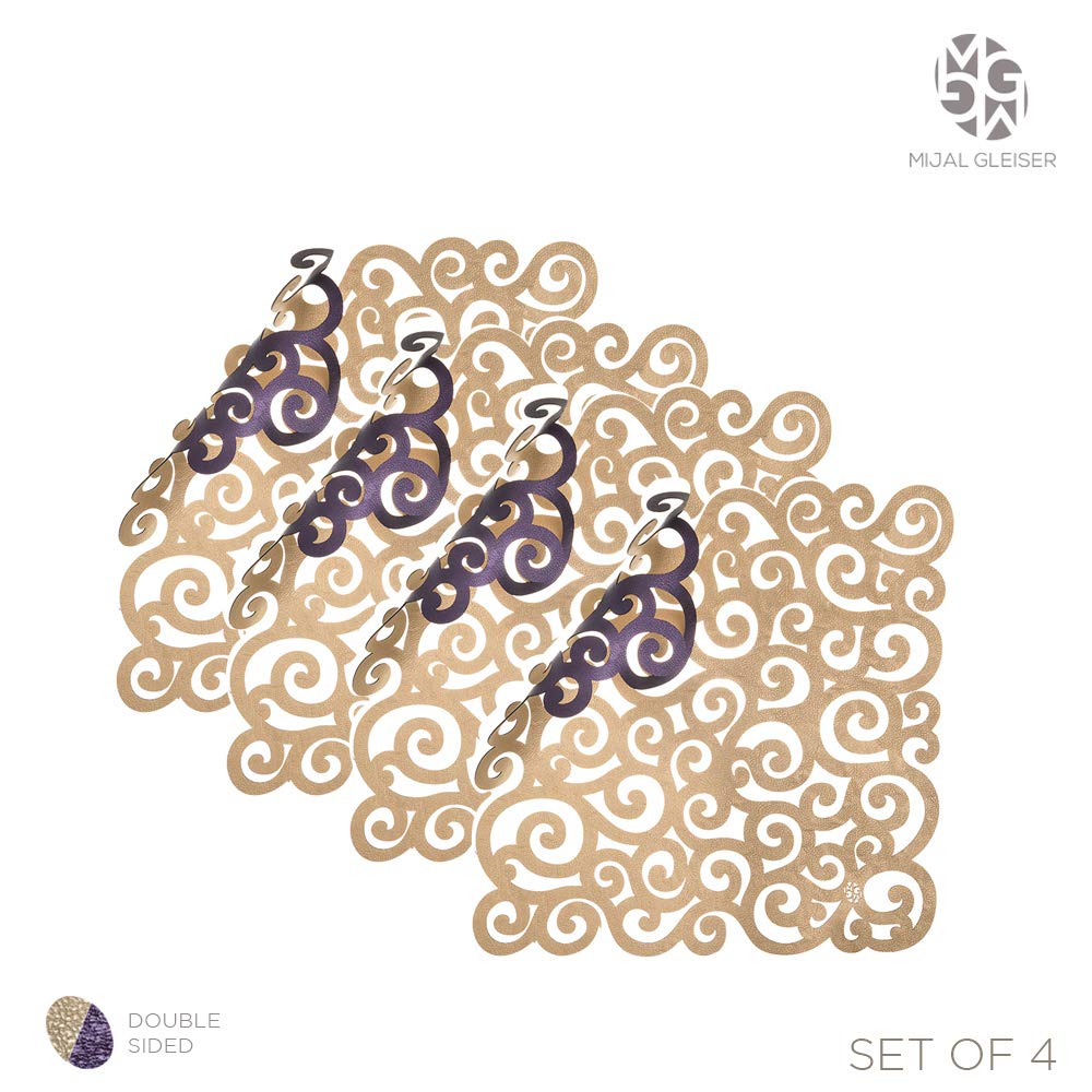 Mijal Gleiser Double Sided Laser Cut Placemats - Heat Resistant, Non Slip, Stain Proof Table Mats Set of 4 (Sea Snail Collection Gold & Purple) - Perfect for Dining Tables, Kitchen Countertops & Holiday Decorations