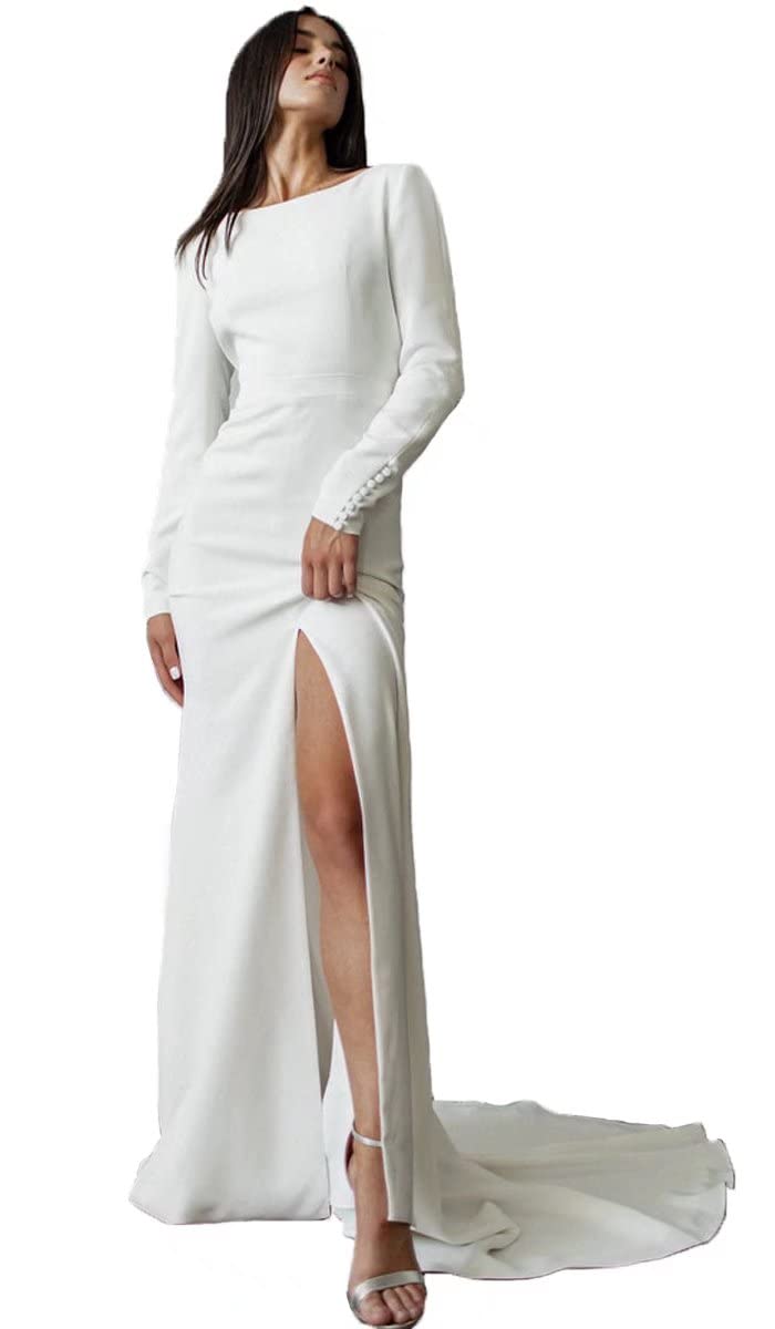 Elegant Long Sleeve Mermaid Wedding Dress with Boat Neck & Satin Train - Perfect for Bride's Special Day, Beach Weddings & Formal Ceremonies