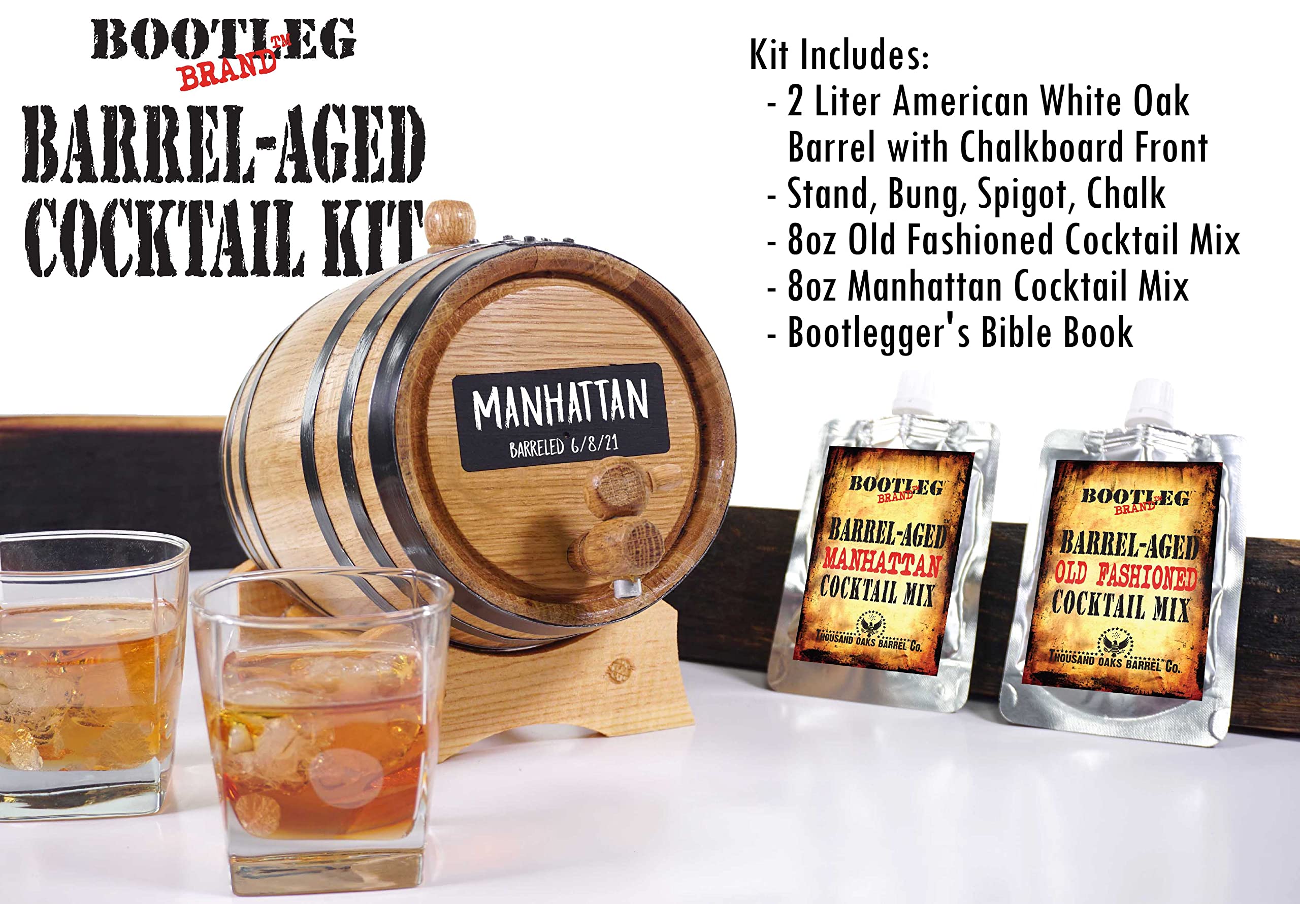 2L Whiskey Barrel Cocktail Aging Kit - Mini Oak Bourbon Barrel with Chalkboard Front, Stand, Spigot & Cocktail Mix - Perfect for Home Bar, Whiskey Making & Unique Gifts for Men - DIY Cocktail Infusion & Bourbon Aging Set for Whiskey Lovers