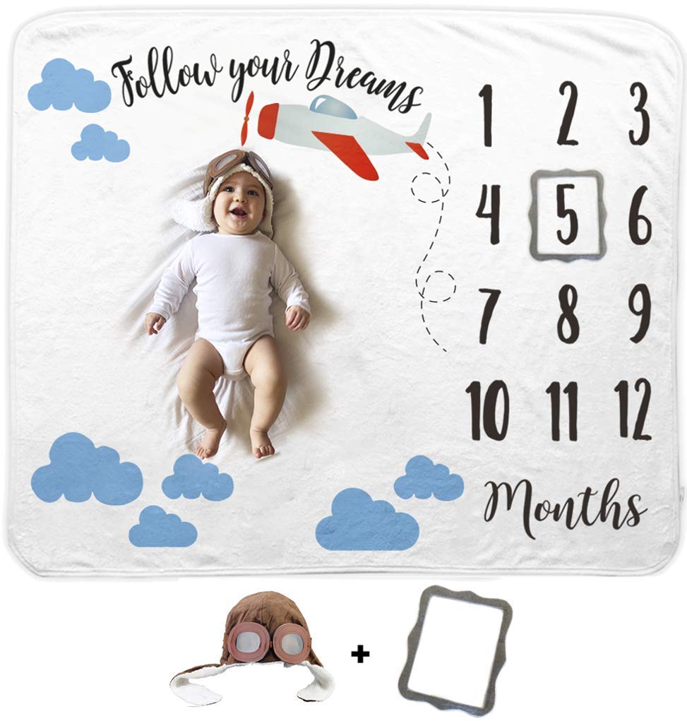 Premium Baby Milestone Blanket Set - Soft Fleece Airplane Themed Blanket with Felt Frame & Aviator Hat | Newborn Photography Prop for Boys & Girls | Perfect for 1-12 Month Milestone Photos, Baby Showers & Nursery Decor