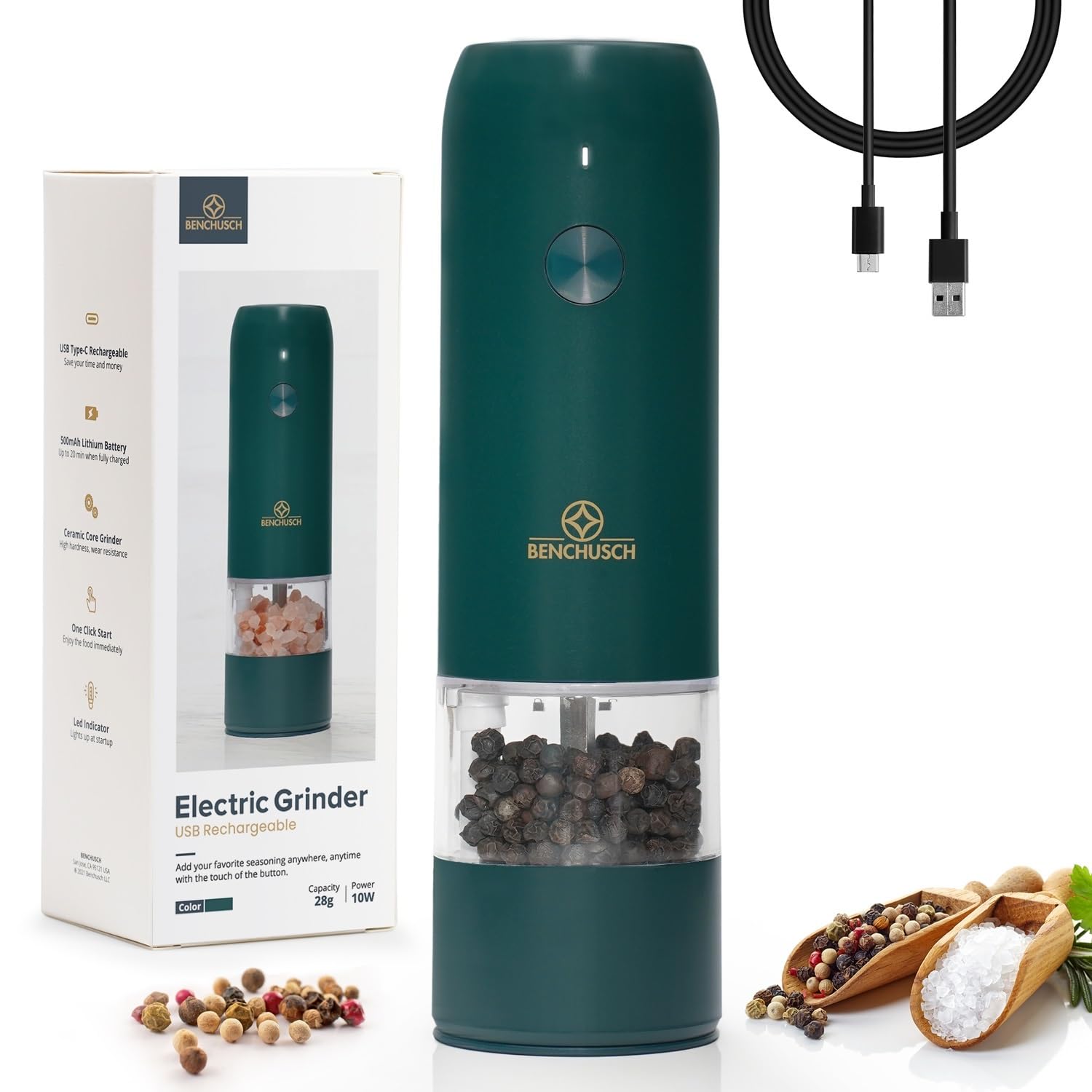 Premium Electric Salt and Pepper Grinder Set - USB Rechargeable, Adjustable Ceramic Grinding for Fresh Black Peppercorn & Sea Salt - Automatic One-Hand Operation - Perfect for Kitchen, Dining Table & Outdoor BBQ (Green)